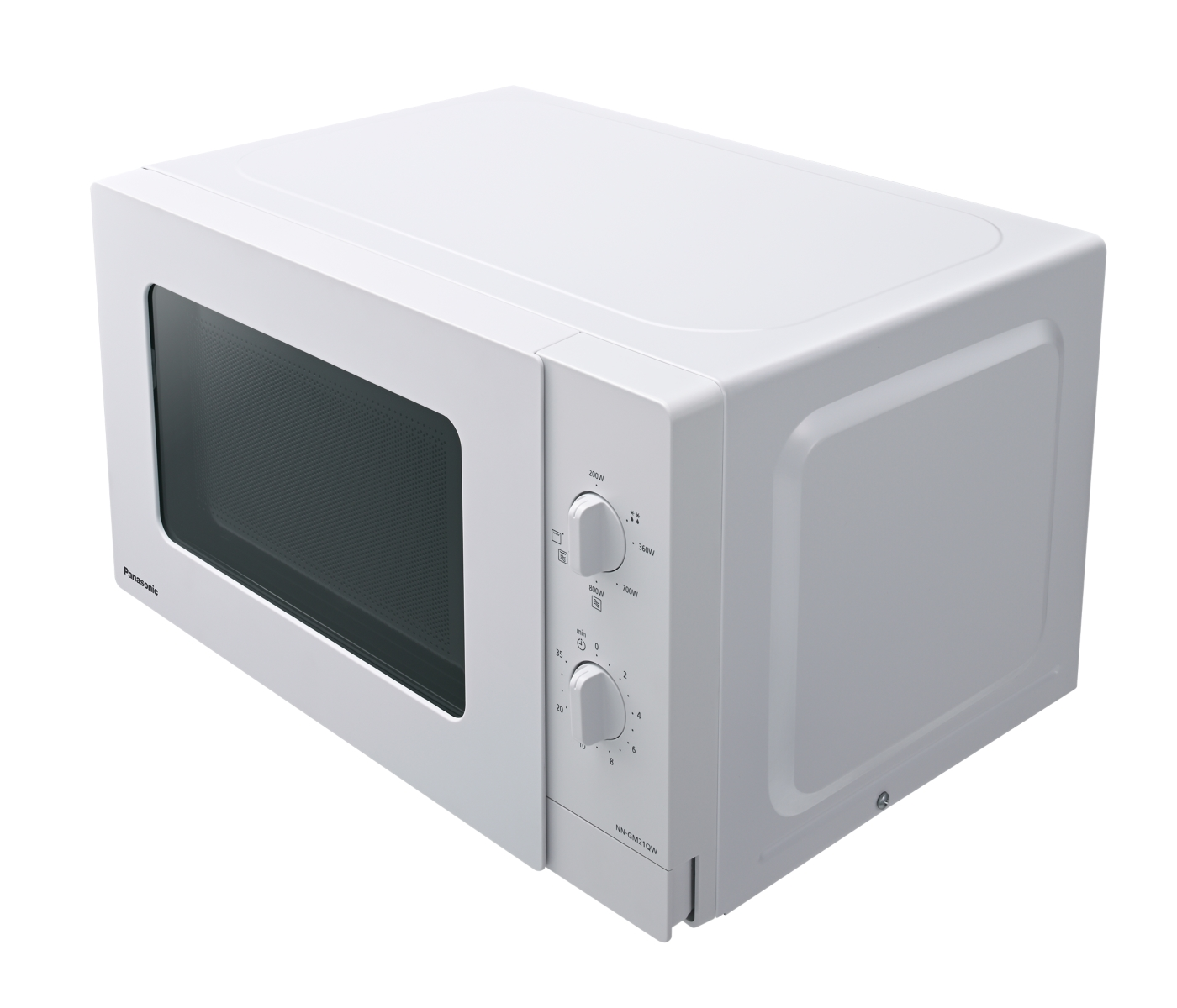 Biała kuchenka mikrofalowa Panasonic na białej powierzchni. Ma pokrętło do ustawiania mocy i czasu. Drzwi są czarne.
