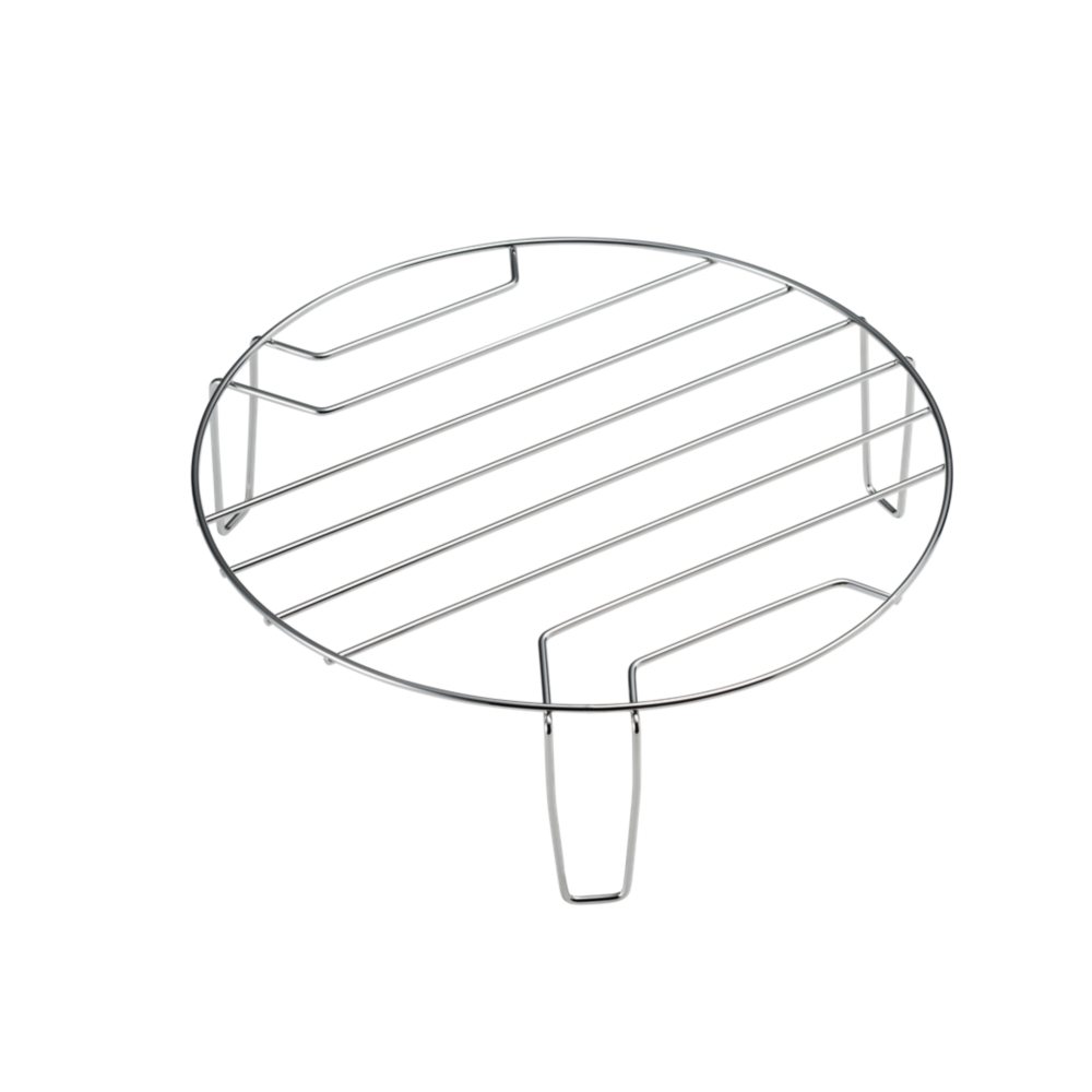 Okrągły, srebrny metalowy ruszt chłodzący na białym tle, z uchwytem.