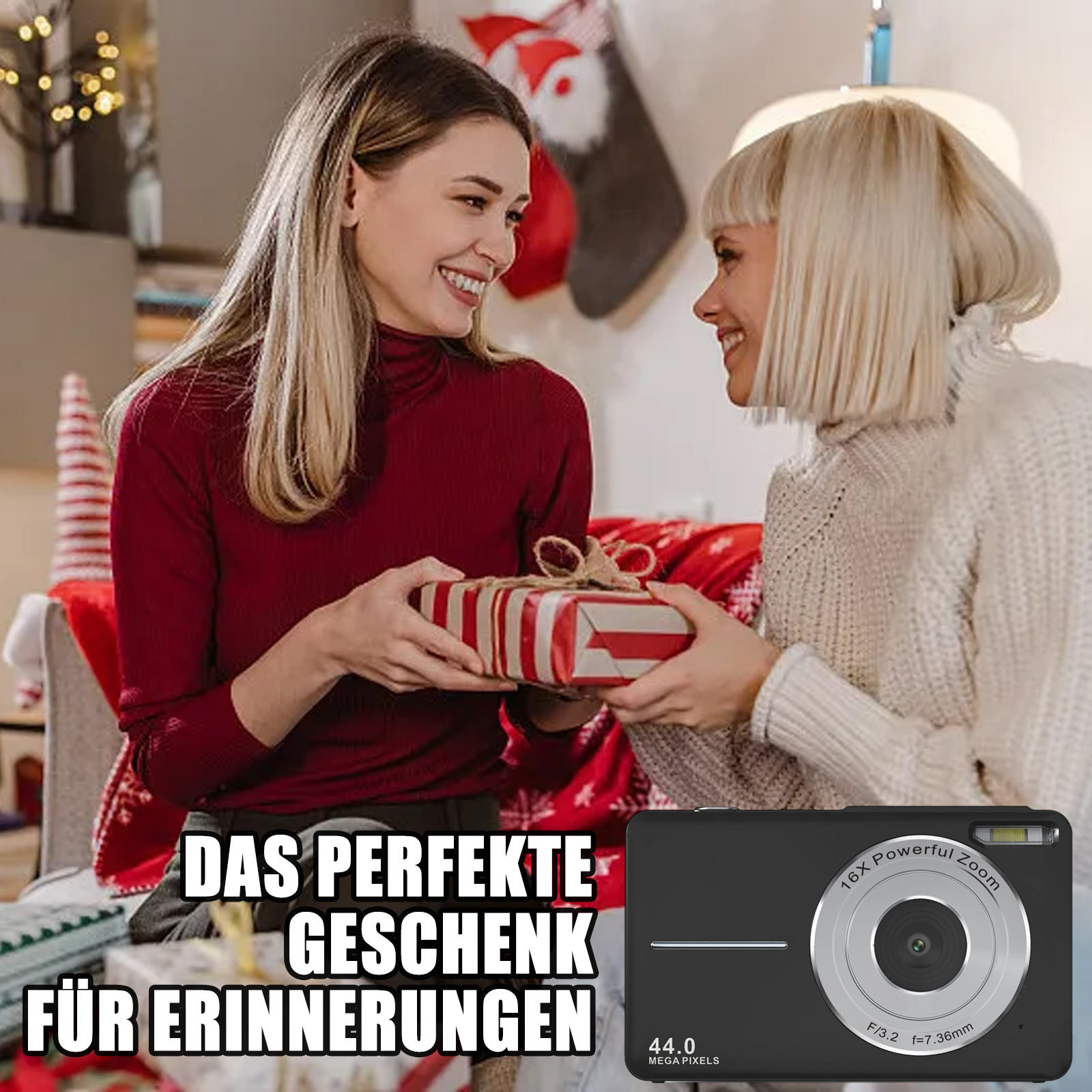 Zwei Frauen tauschen ein Geschenk in festlicher Umgebung aus. Eine Kamera befindet sich im Vordergrund. Der Text lautet: "Das perfekte Geschenk für Erinnerungen".