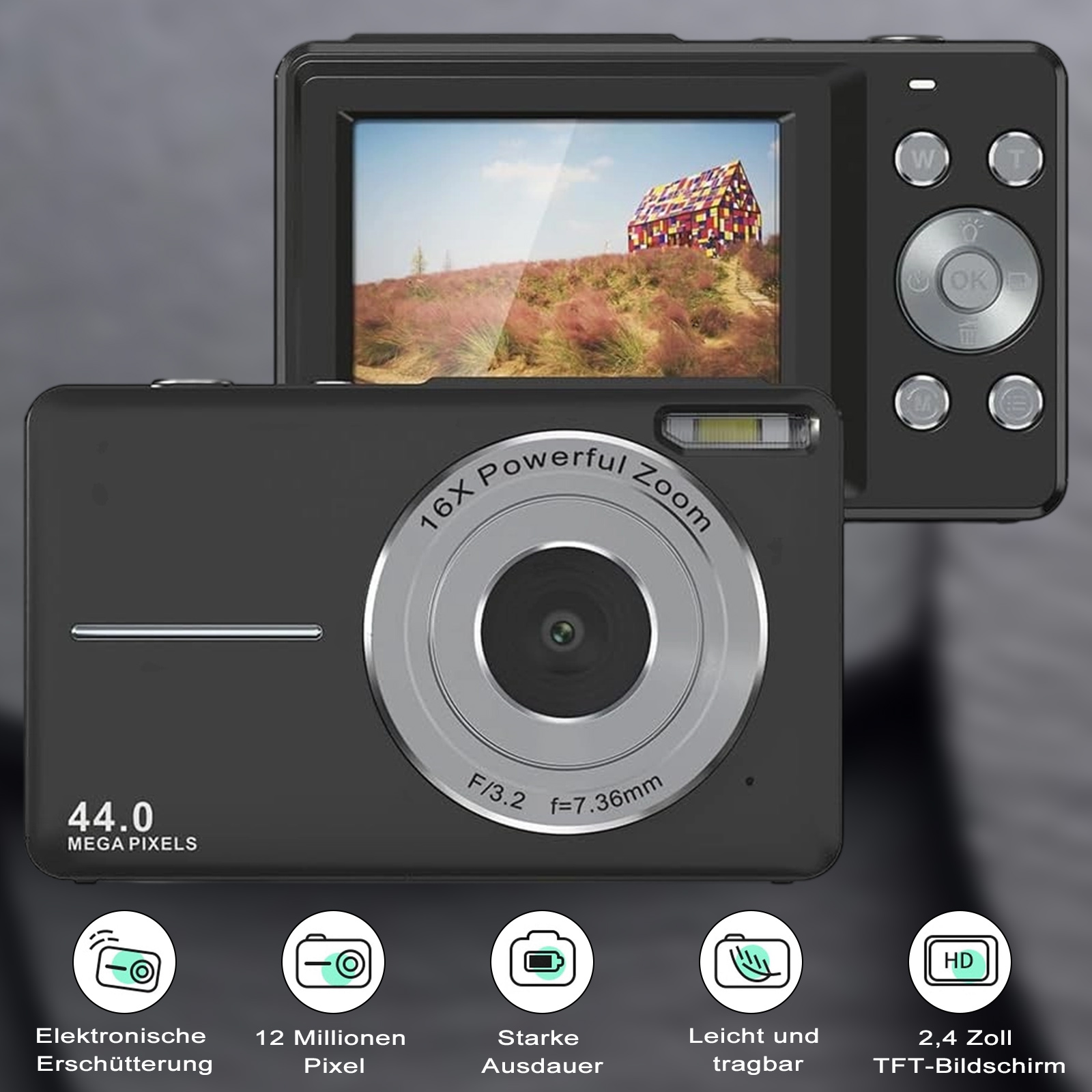 Schwarze Digitalkamera mit Bildschirm, der ein farbenfrohes Gebäude zeigt. Funktionen: Zoom, Megapixel, Tasten.