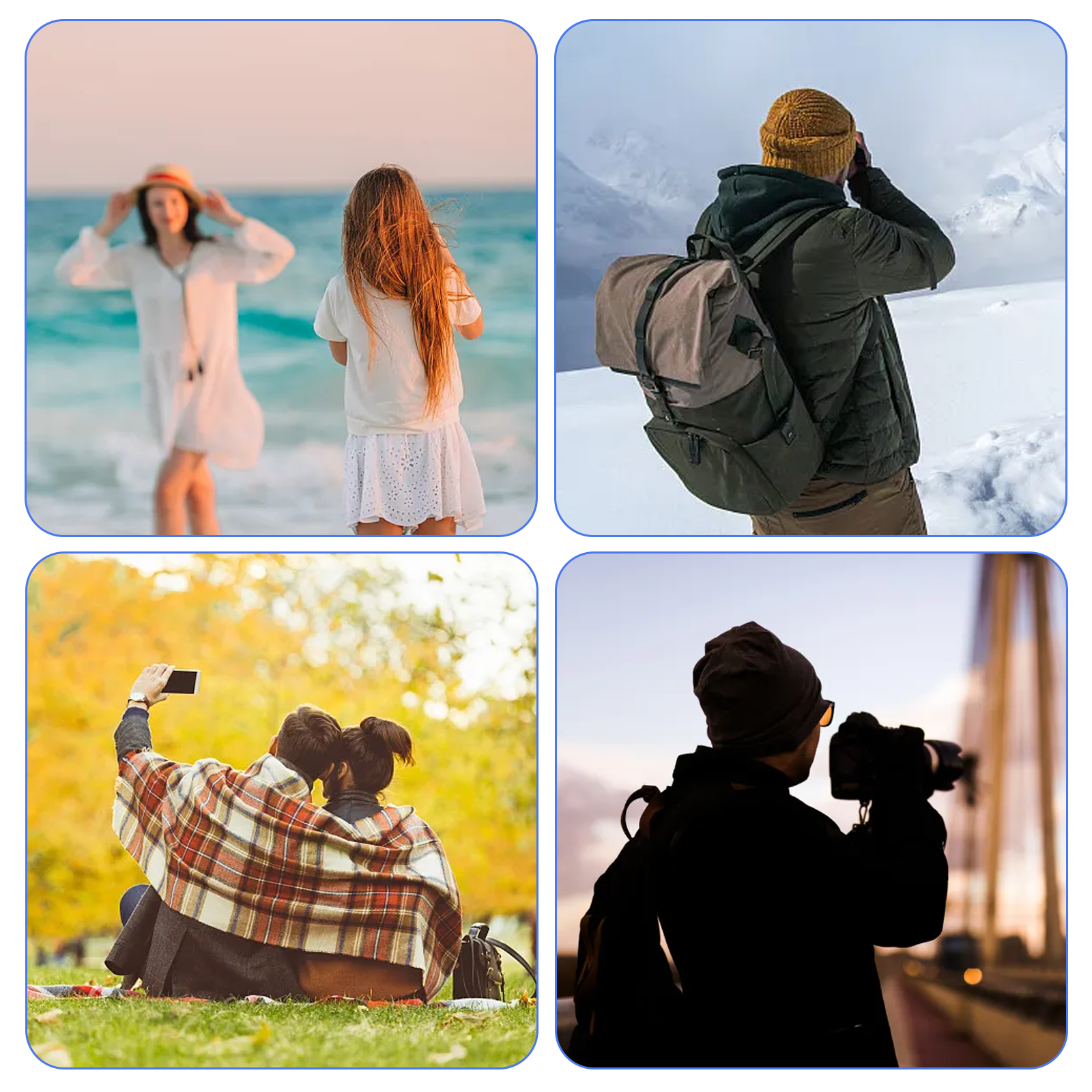 Familie am Strand, Wanderer im Schnee, Paar macht Selfie und Fotograf macht Fotos.