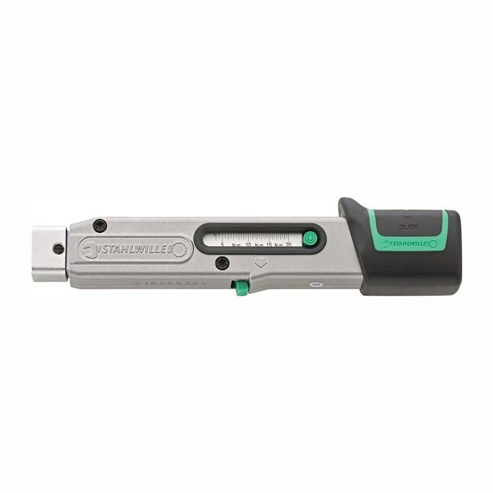 Ein STAHLWILLE Drehmomentschlüssel, silber mit schwarzen und grünen Akzenten. Er hat eine Messskala und einen grünen Knopf.