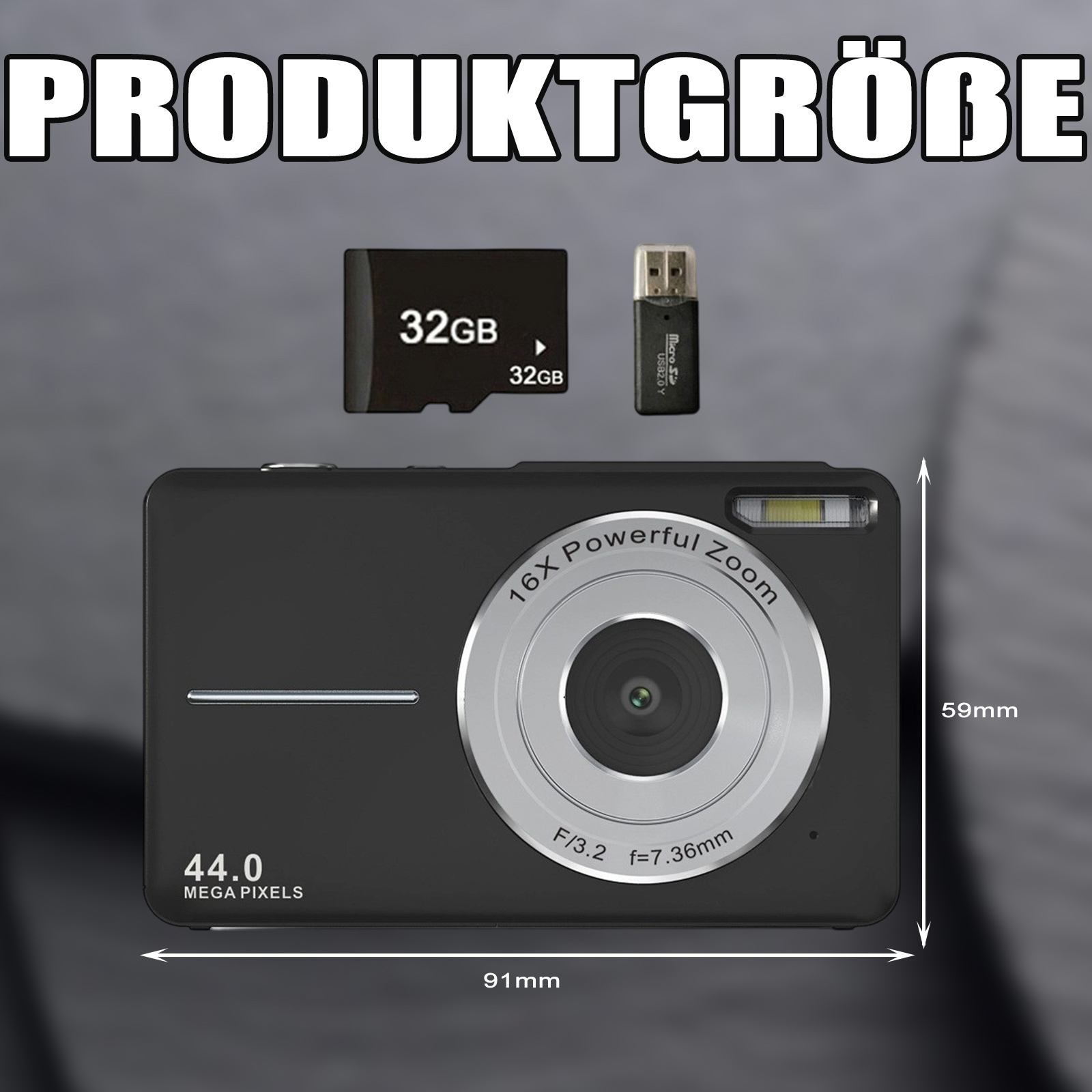 Schwarze Digitalkamera mit Zoom, Speicherkarte und USB-Adapter. Abmessungen und Spezifikationen werden angezeigt.