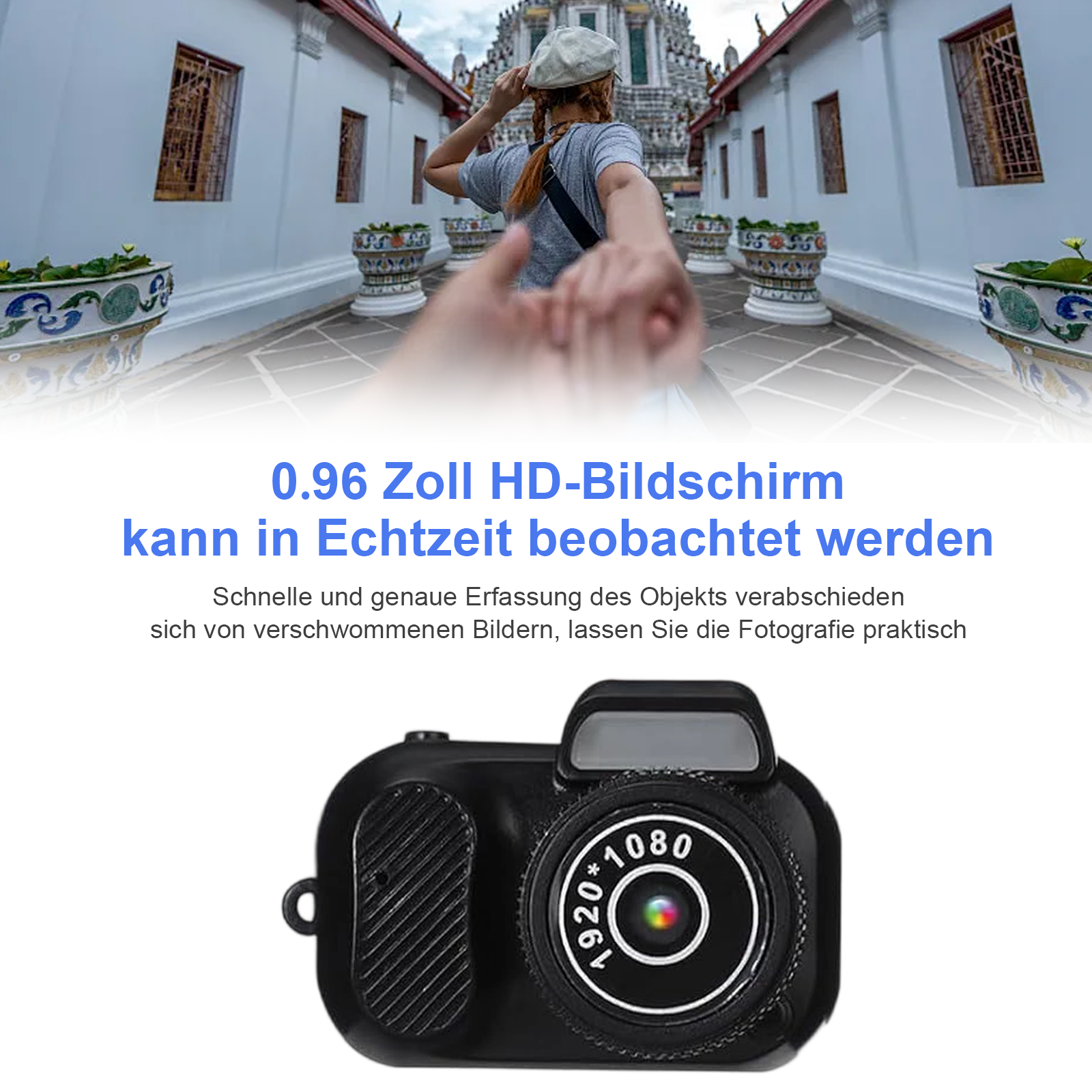 Person hält Hände und lädt zu einem Tempel ein. Eine schwarze Kamera im Vordergrund. Text: 0.96 Zoll HD-Bildschirm.