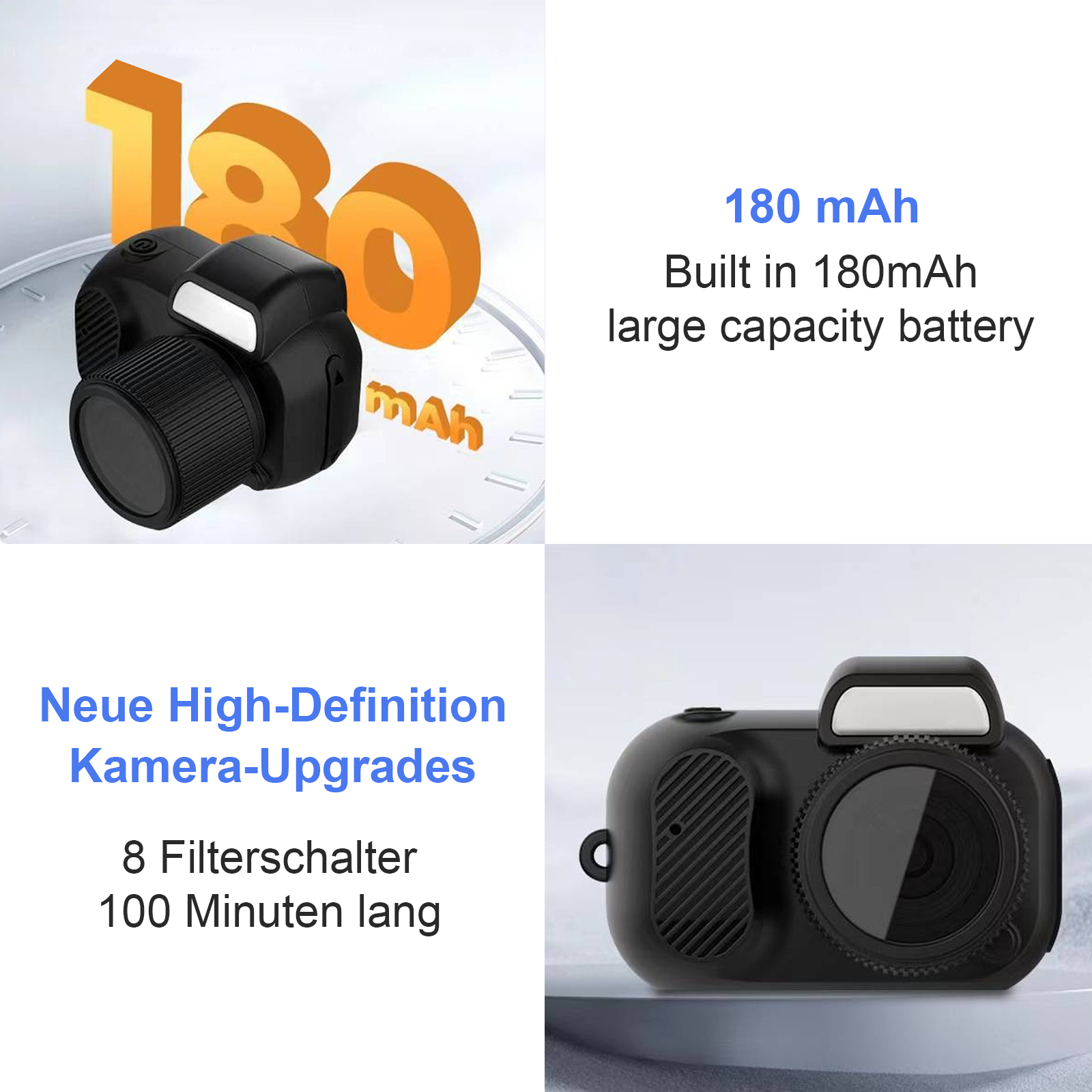 Bild zeigt eine schwarze Kamera. Texte: 180 mAh, 8 Filter, hochauflösende Upgrades.