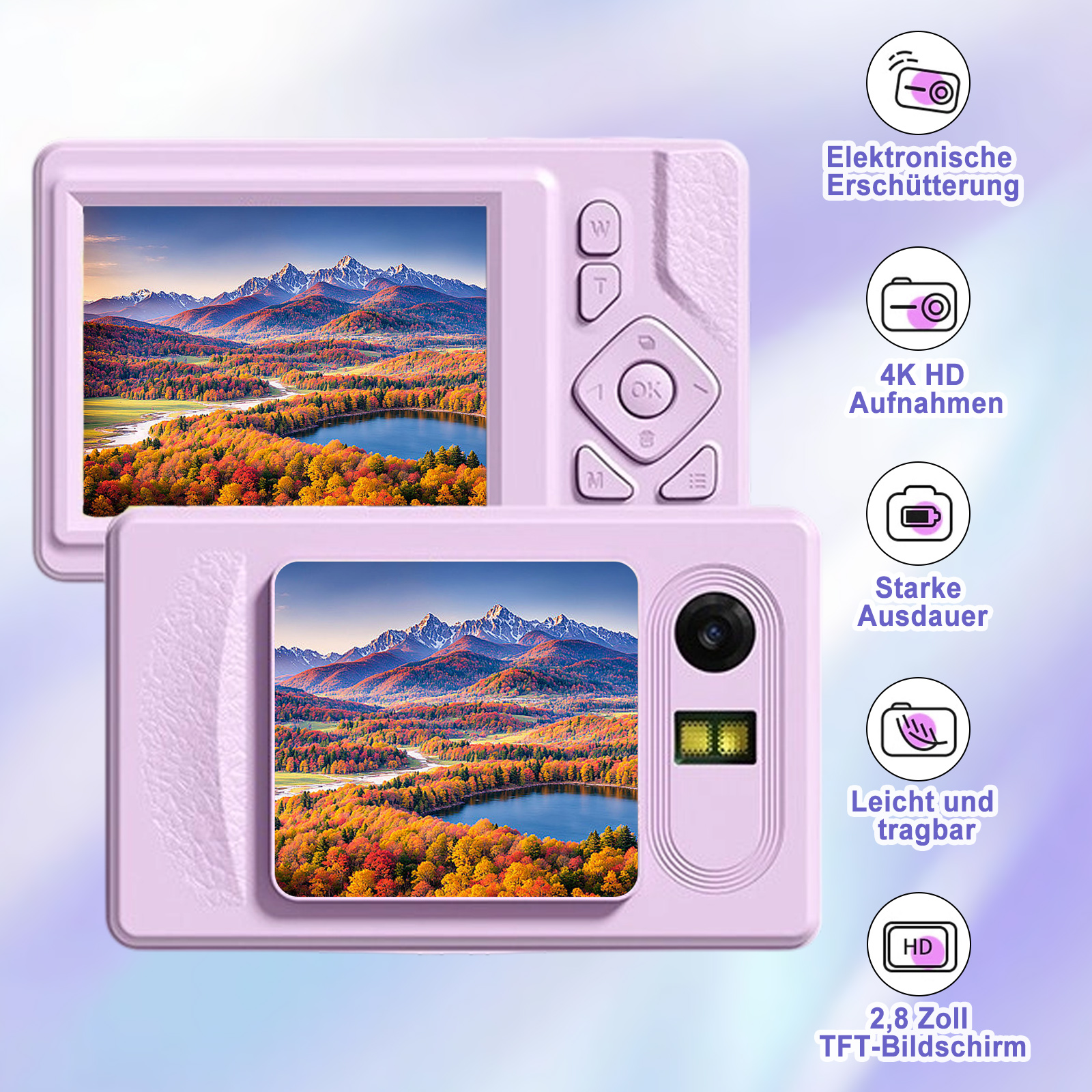 Rosa Digitalkamera mit Landschaftsfoto. Tasten und Funktionen sind am Kameragehäuse sichtbar.