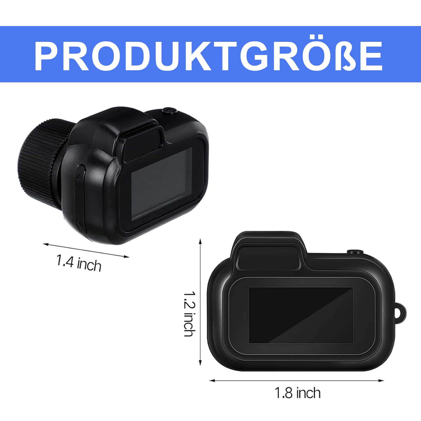 Zwei schwarze Kameras mit Bildschirm, die Abmessungen in Zoll anzeigen. Der Text oben lautet: PRODUKTGRÖSSE in blauem Feld.