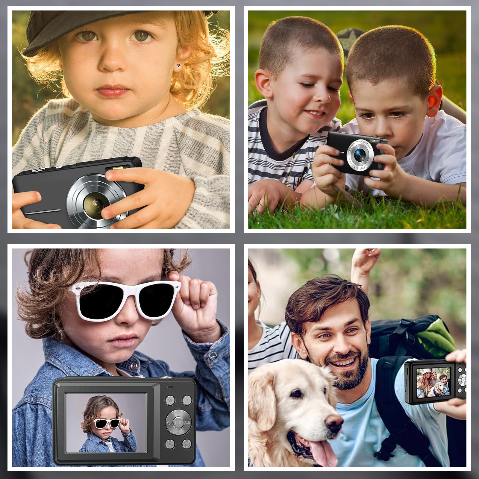 Vier Bilder: Kinder und Erwachsene mit Kameras. Ein Kind hält eine Kamera, ein anderes trägt eine Sonnenbrille, andere fotografieren.