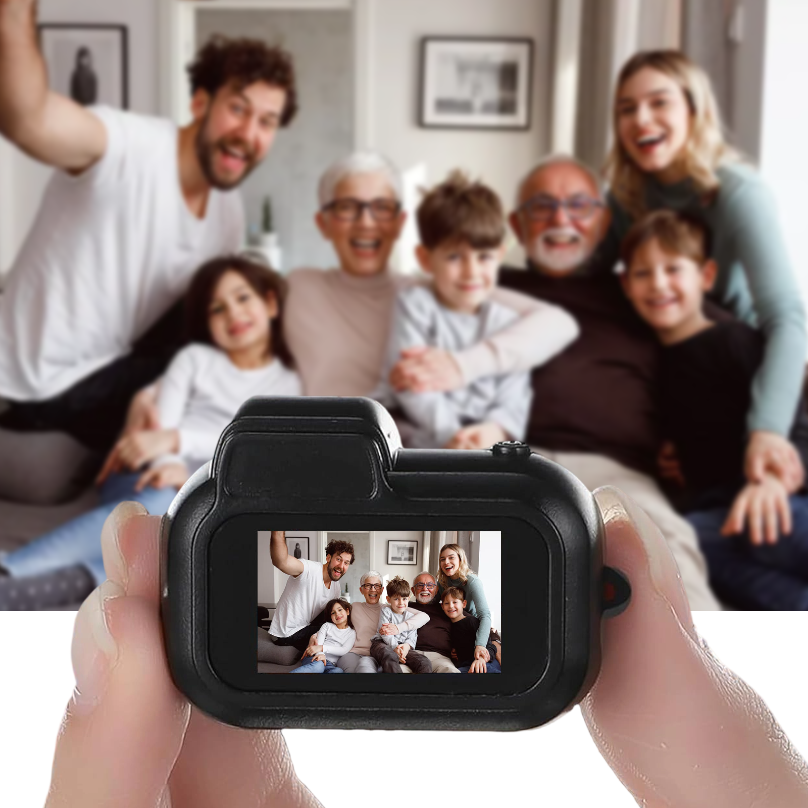 Eine schwarze Kamera zeigt ein Familienfoto. Eine Hand hält die Kamera. Im Hintergrund posiert die Familie für ein Foto.