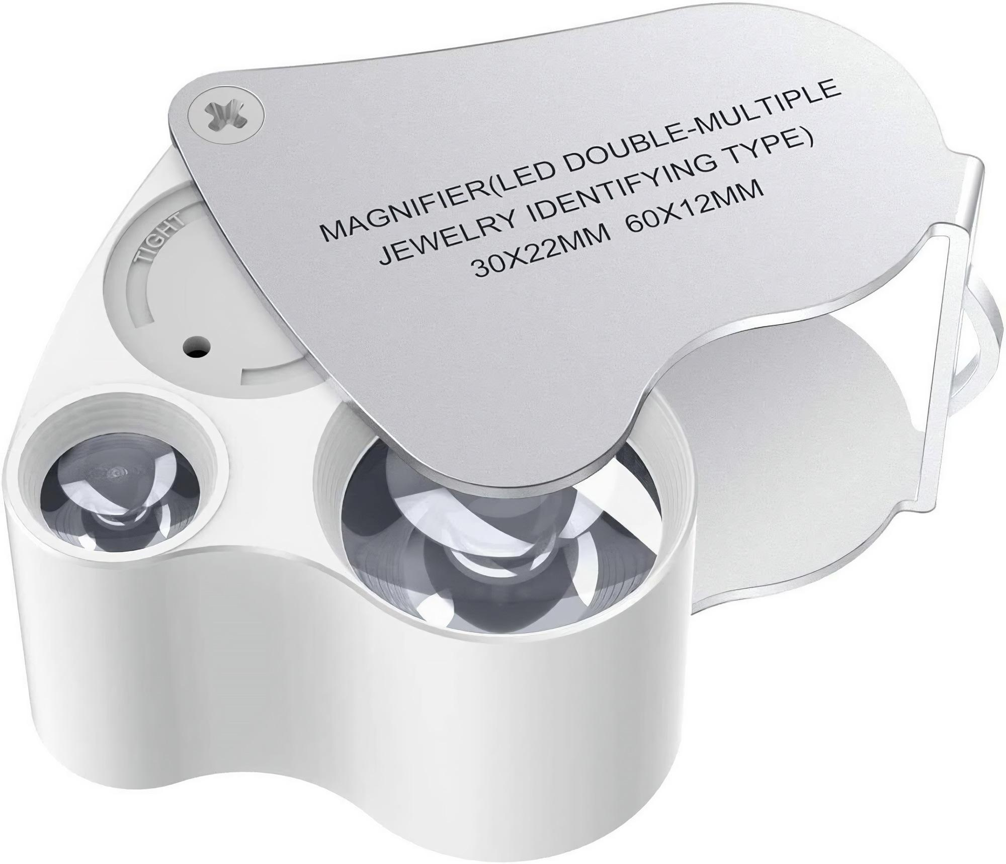 Weißes Vergrößerungsglas mit LED-Leuchten, silberner Abdeckung und Text: "Magnifier(LED Double-Multiple Jewelry Identifying Type)".