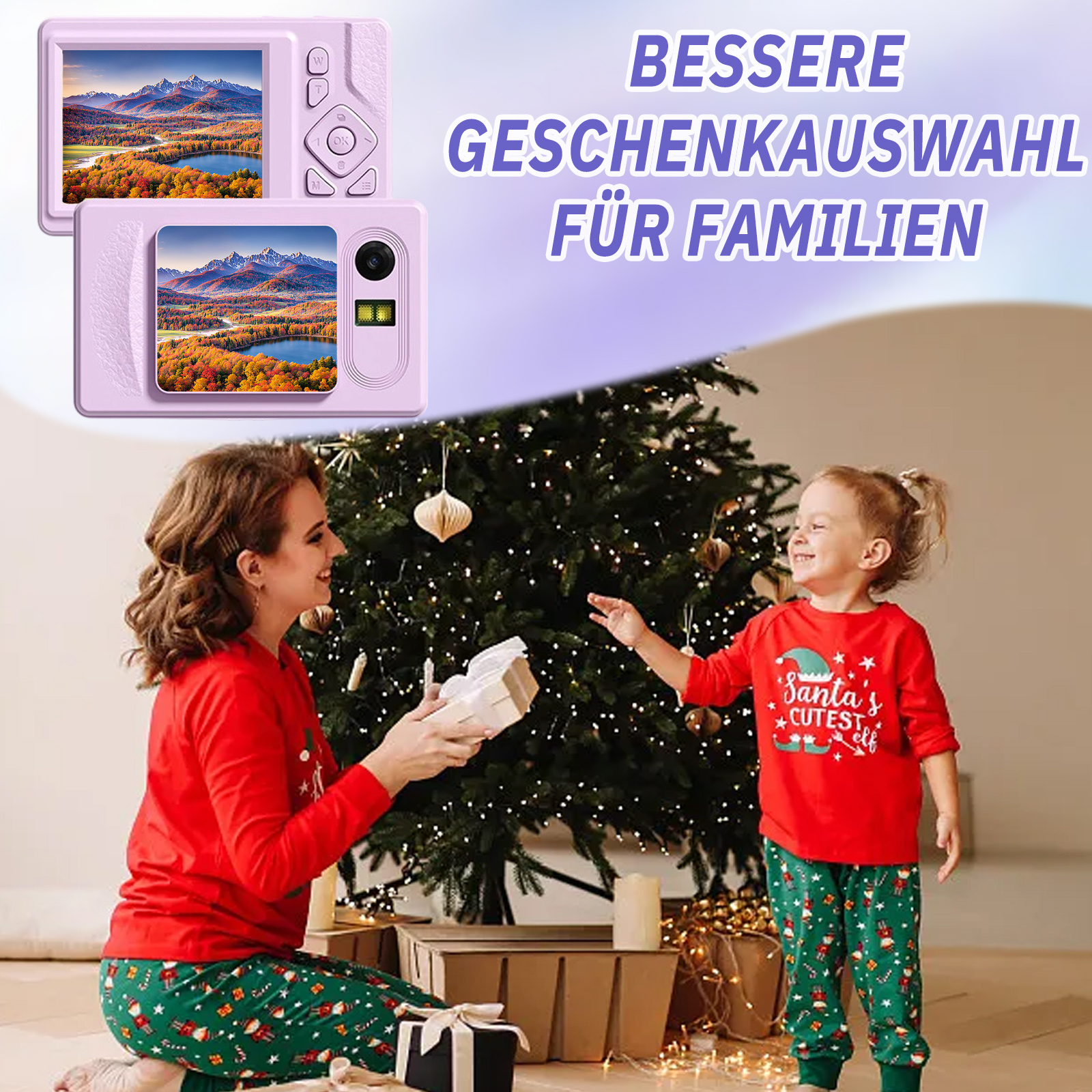 Frau gibt Kind Geschenk am Weihnachtsbaum. Kameras zeigen Bergseeszenen. Text: Bessere Geschenke für Familien.