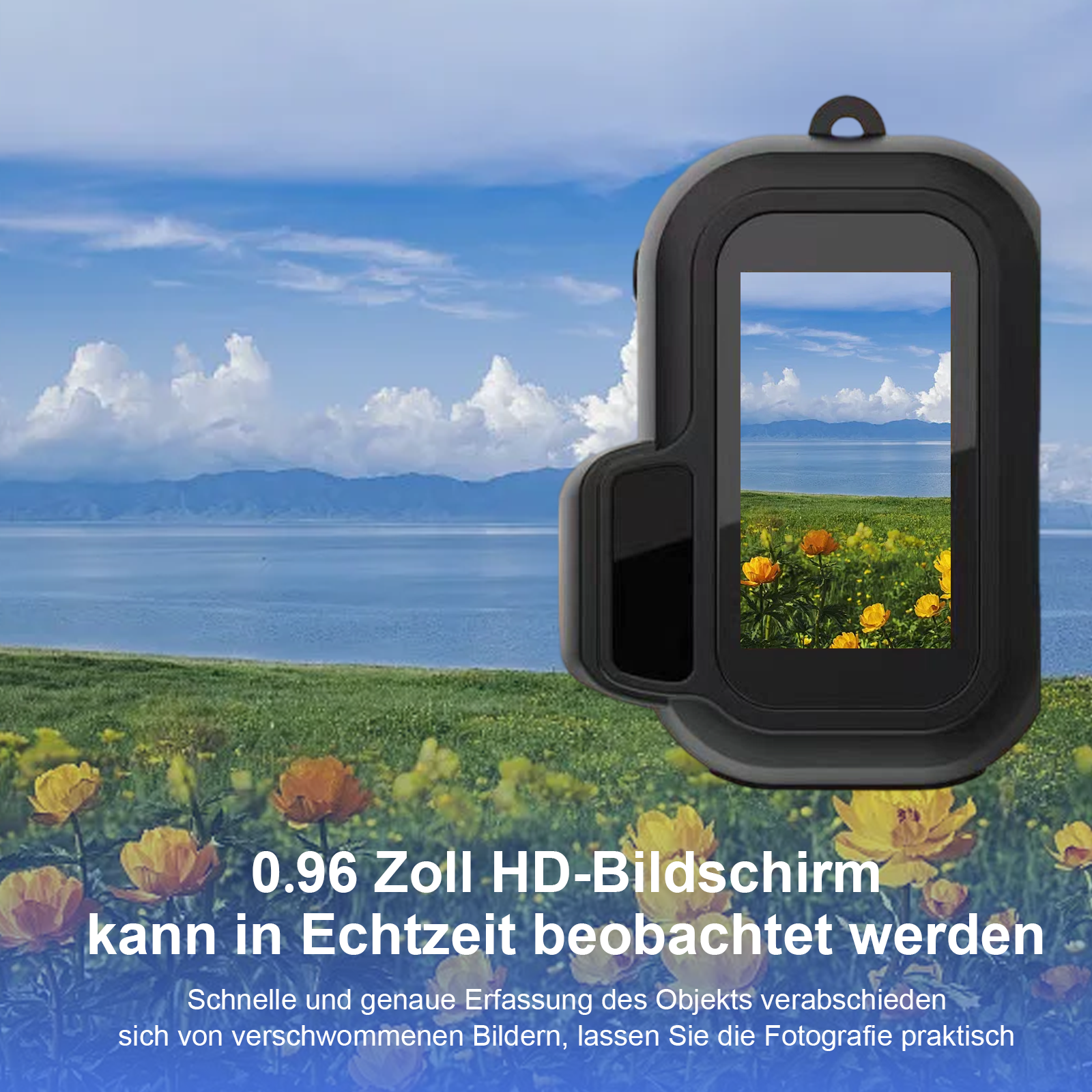 Schwarzes Gerät zeigt Landschaft: blauer Himmel, Wasser, grünes Feld mit gelben Blumen.