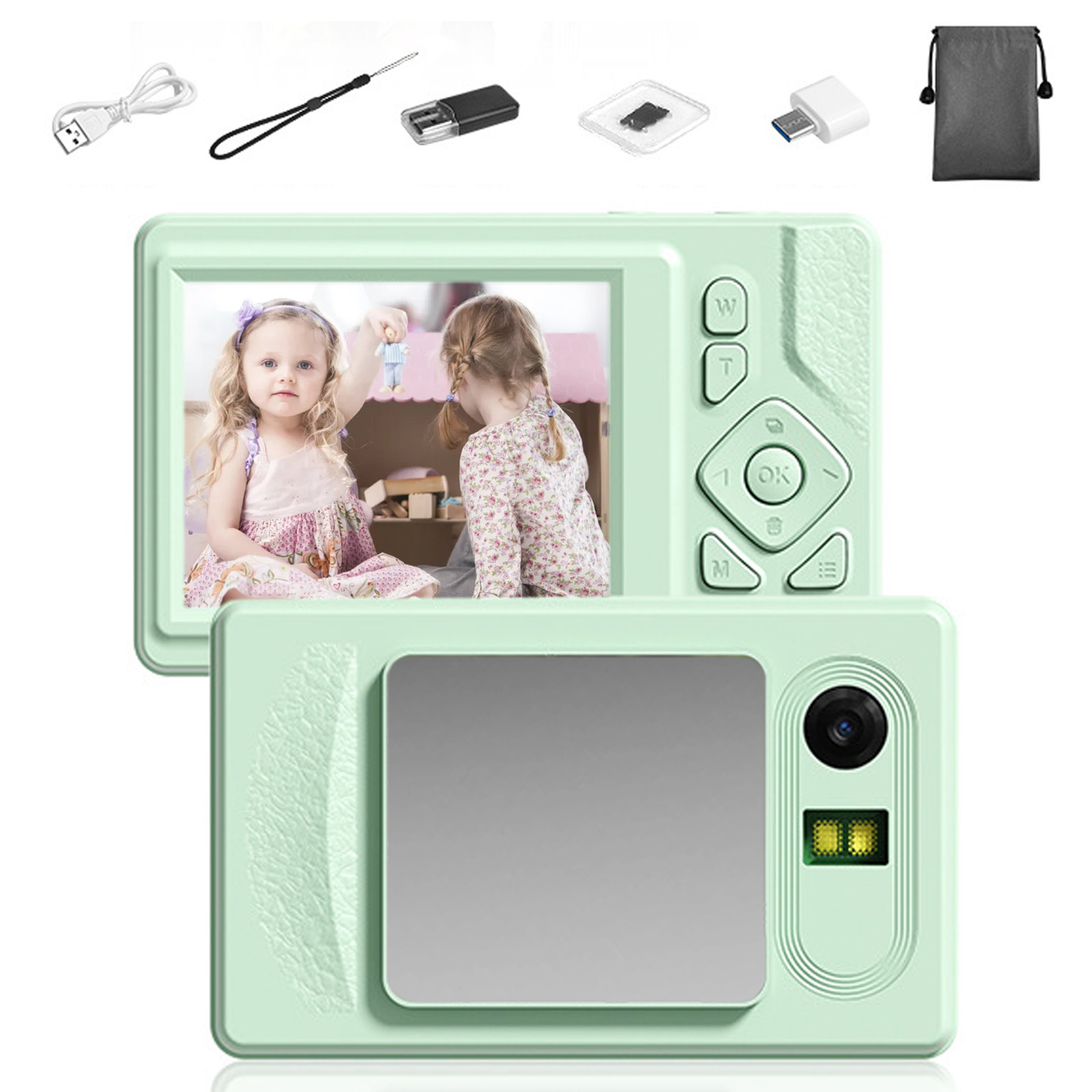 Eine mintgrüne Kinderkamera zeigt zwei Mädchen. Zubehör umfasst ein USB-Kabel, einen Trageriemen, einen USB-Adapter und eine kleine Tasche.