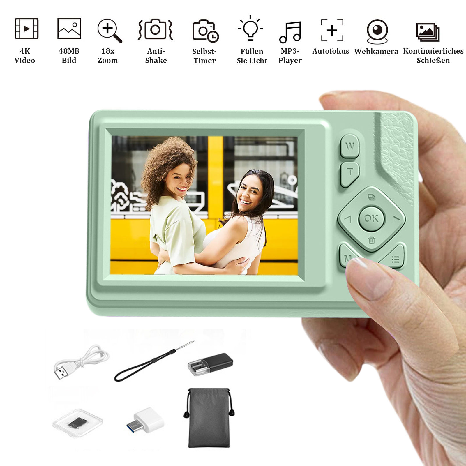 Person hält grüne Kamera mit lächelnden Frauen. Zubehör wie USB-Kabel und Beutel sind abgebildet.