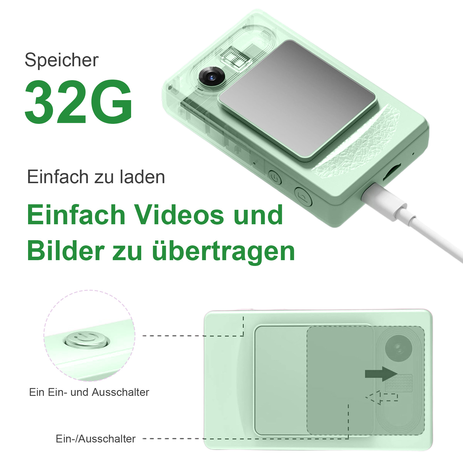 Ein hellgrünes Gerät mit 32G Speicher, einfach zu laden und Videos/Bilder zu übertragen. Details zu Ein-/Ausschalter.