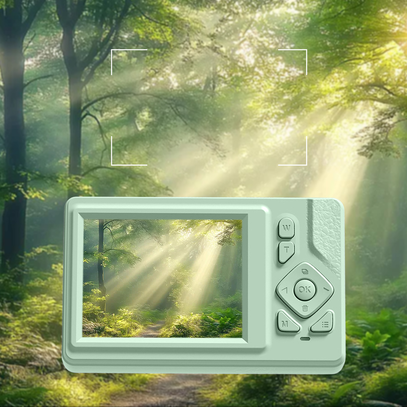 Eine Digitalkamera zeigt eine Waldszene. Licht scheint durch die Bäume. Die Kamera ist mintgrün.