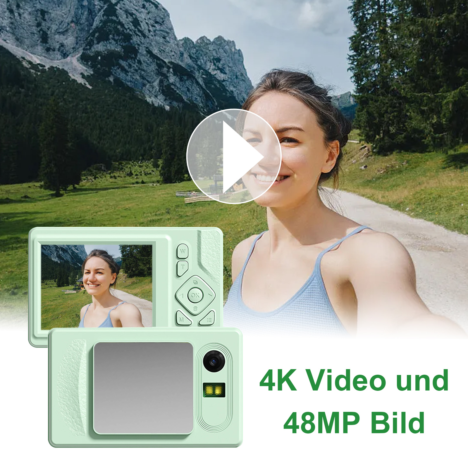 Frau macht Selfie mit Kamera. Grüne Kamera im Vordergrund, Berge und Natur im Hintergrund.