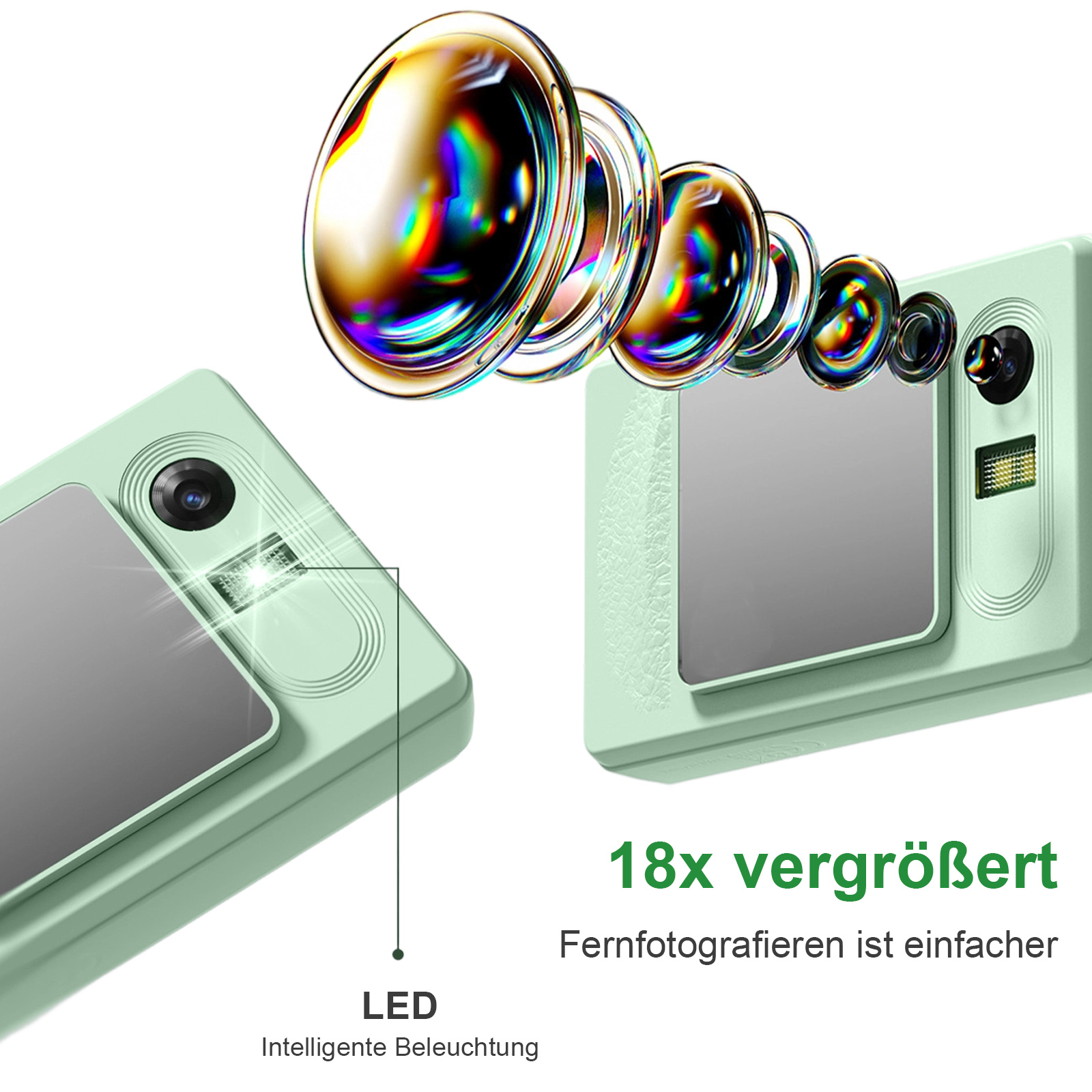 Ein grünes Telefon mit Objektiv-Array. Text sagt 18x Zoom und LED-Intelligent-Beleuchtung. Linsen haben Regenbogenreflexionen.