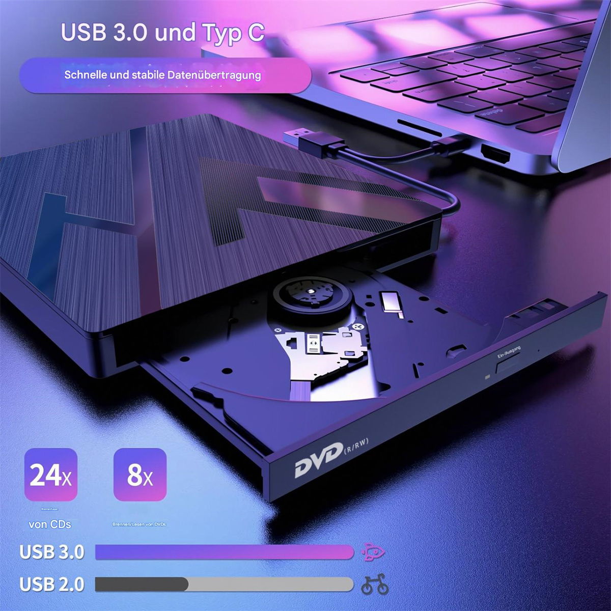 DVD-Laufwerk, verbunden mit Laptop per USB-Kabel. Merkmale sind USB 3.0, schneller Datentransfer und ein Disc-Fach.