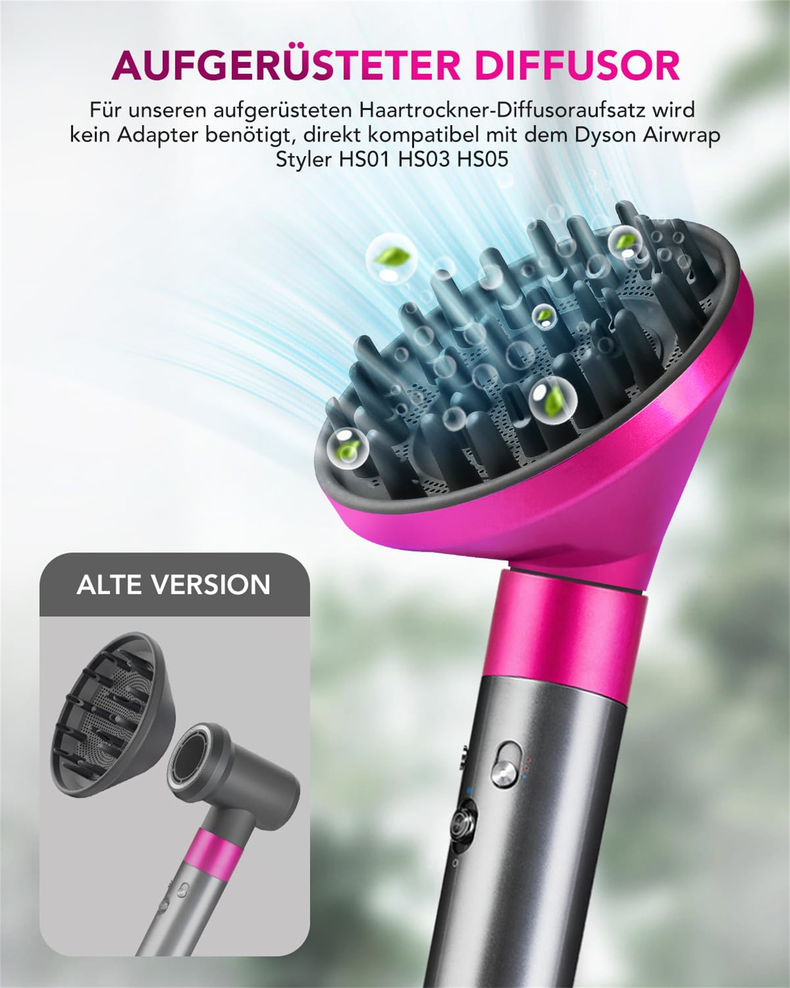 Pinker und grauer Haartrockner mit schwarzem Diffusor. Eine ältere Version wird gezeigt. Blasen im Hintergrund.