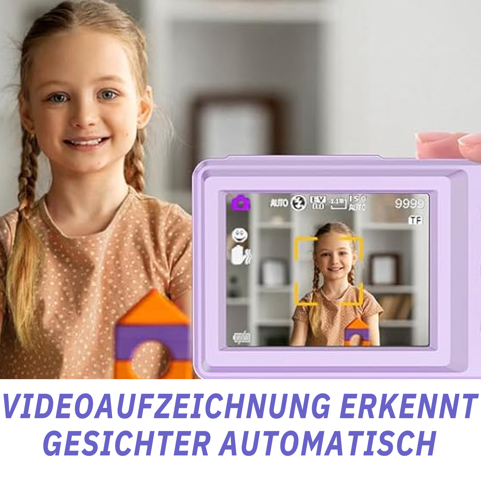 Ein Mädchen lächelt und hält eine Kamera. Kamera zeigt ein Gesicht. Text lautet 'Videoaufzeichnung erkennt Gesichter automatisch'.
