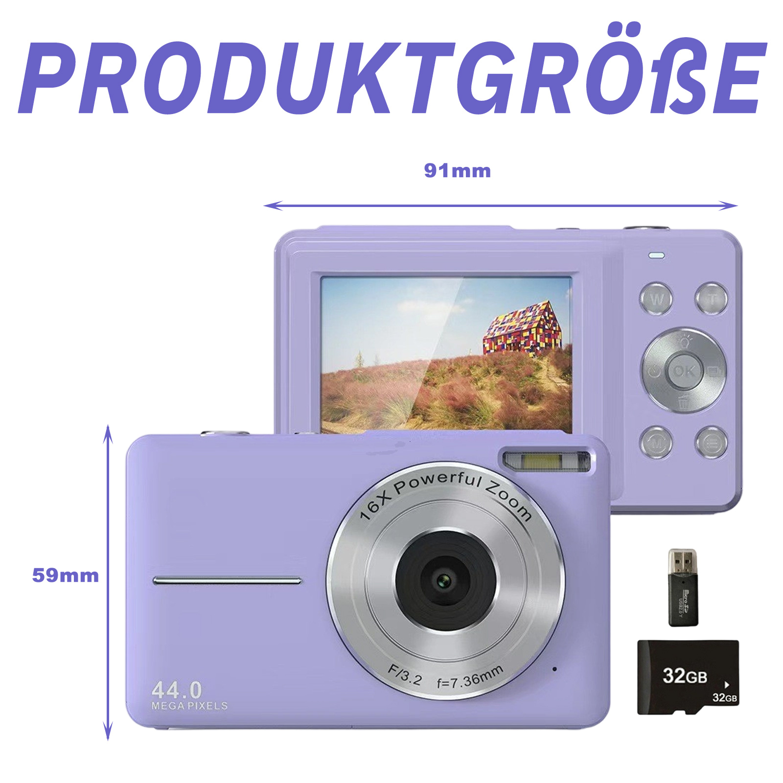 Eine lila Digitalkamera mit 16-fachem Zoom, 44,0 Megapixeln und einer 32-GB-Speicherkarte. Ein Haus ist auf dem Bildschirm.