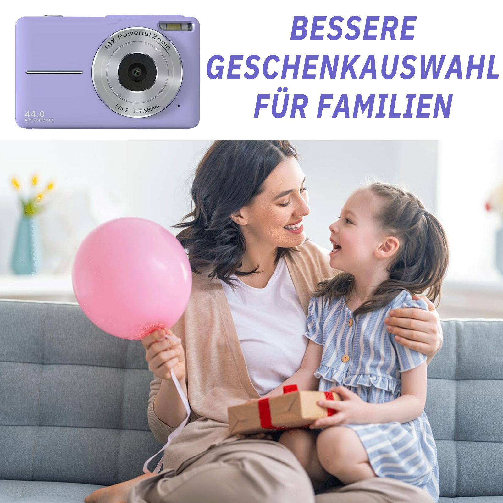 Eine Frau und ein Mädchen mit einem rosa Ballon und einem Geschenk auf einem Sofa. Eine Kamera und Text über Geschenke.