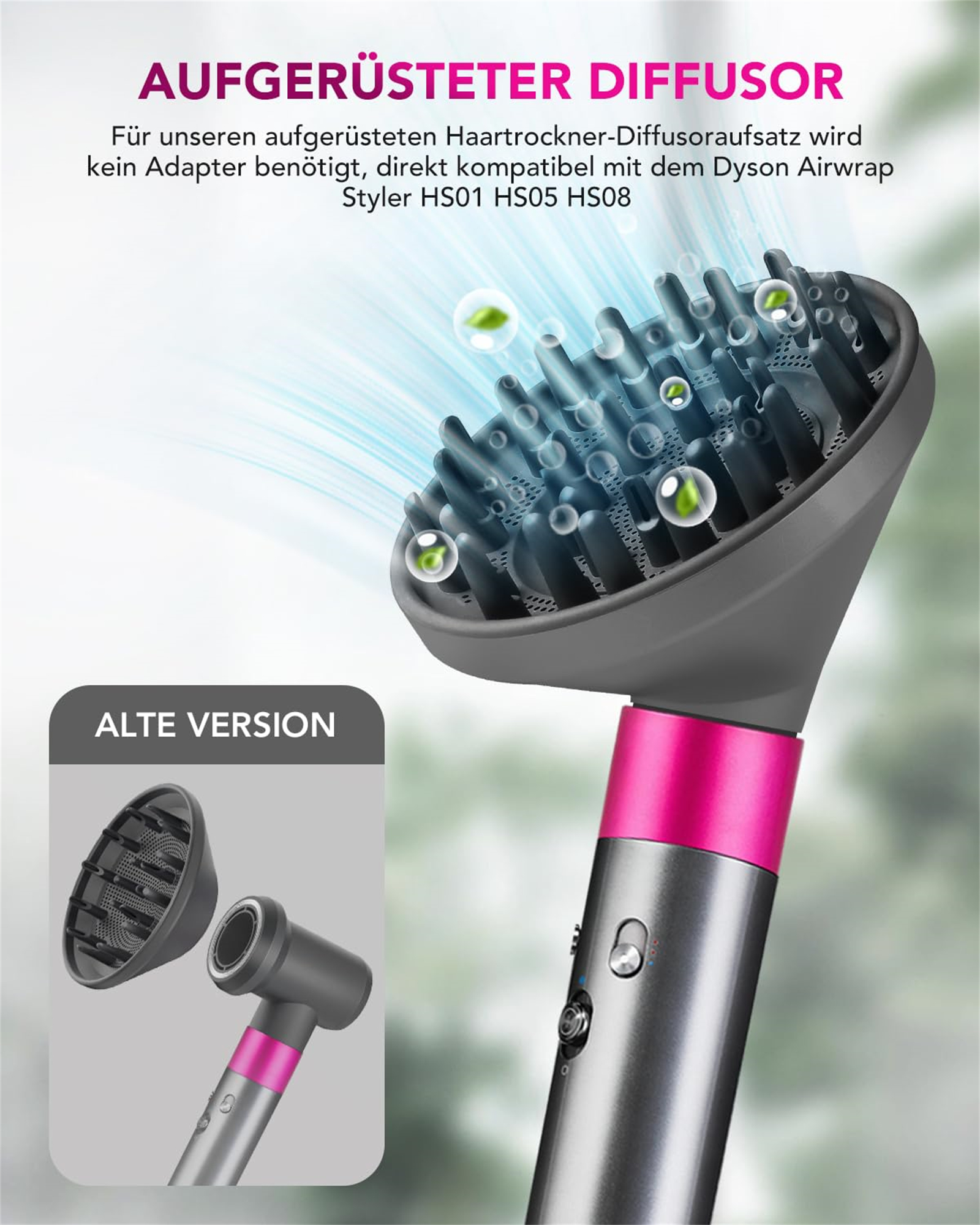 Haartrockner-Diffusor. Grau-rosa Design mit dem Text 'AUFGERÜSTETER DIFFUSOR' und die alte Version.