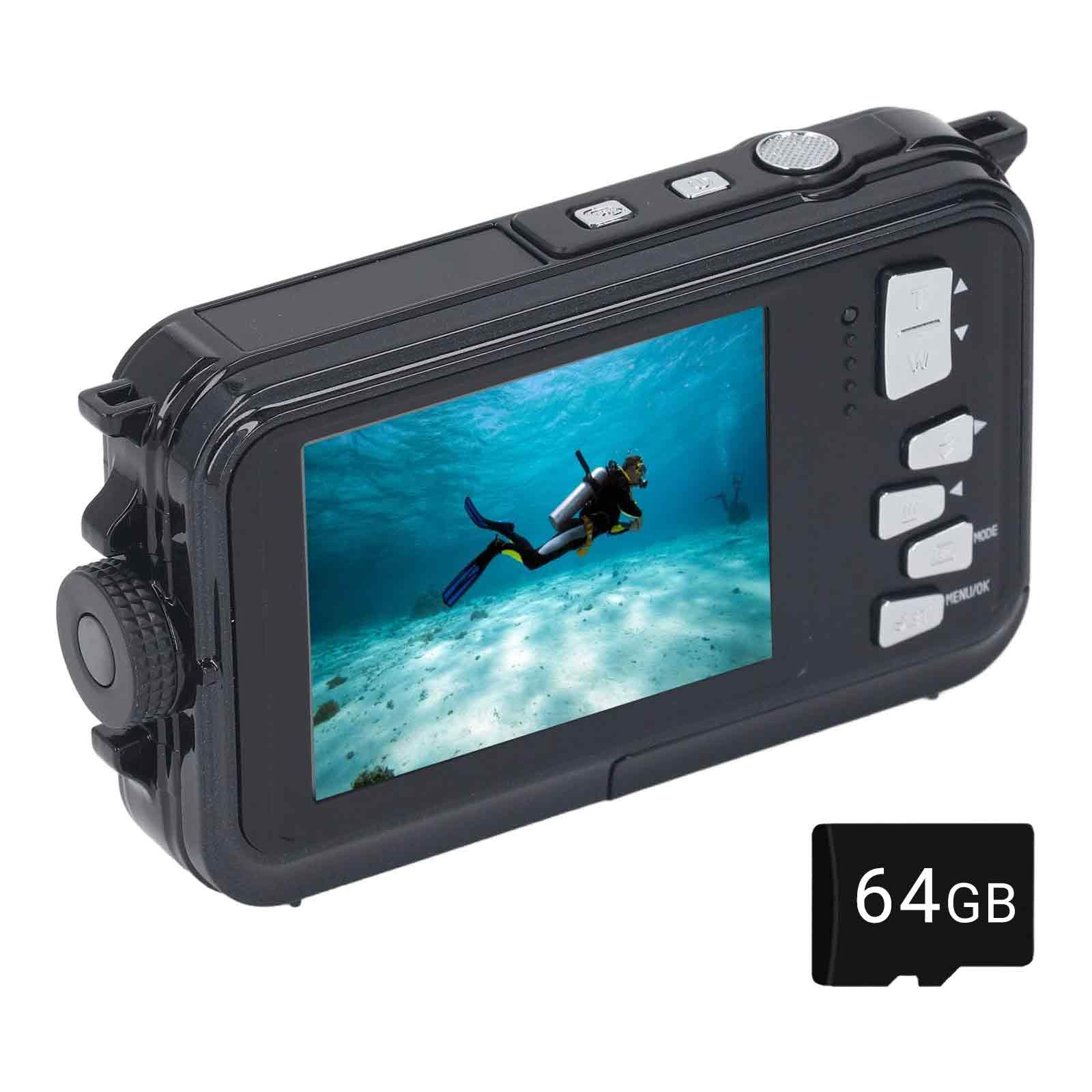 Schwarze Unterwasserkamera mit einem Taucher im Meer. Eine 64GB-Karte ist vorhanden.