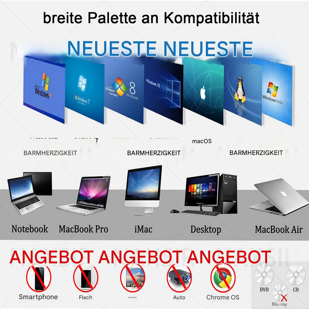 Bild zeigt Betriebssysteme, Computer und Artikel mit einem "Nein"-Symbol, wie Smartphones, Fernseher und Blu-ray-Discs.