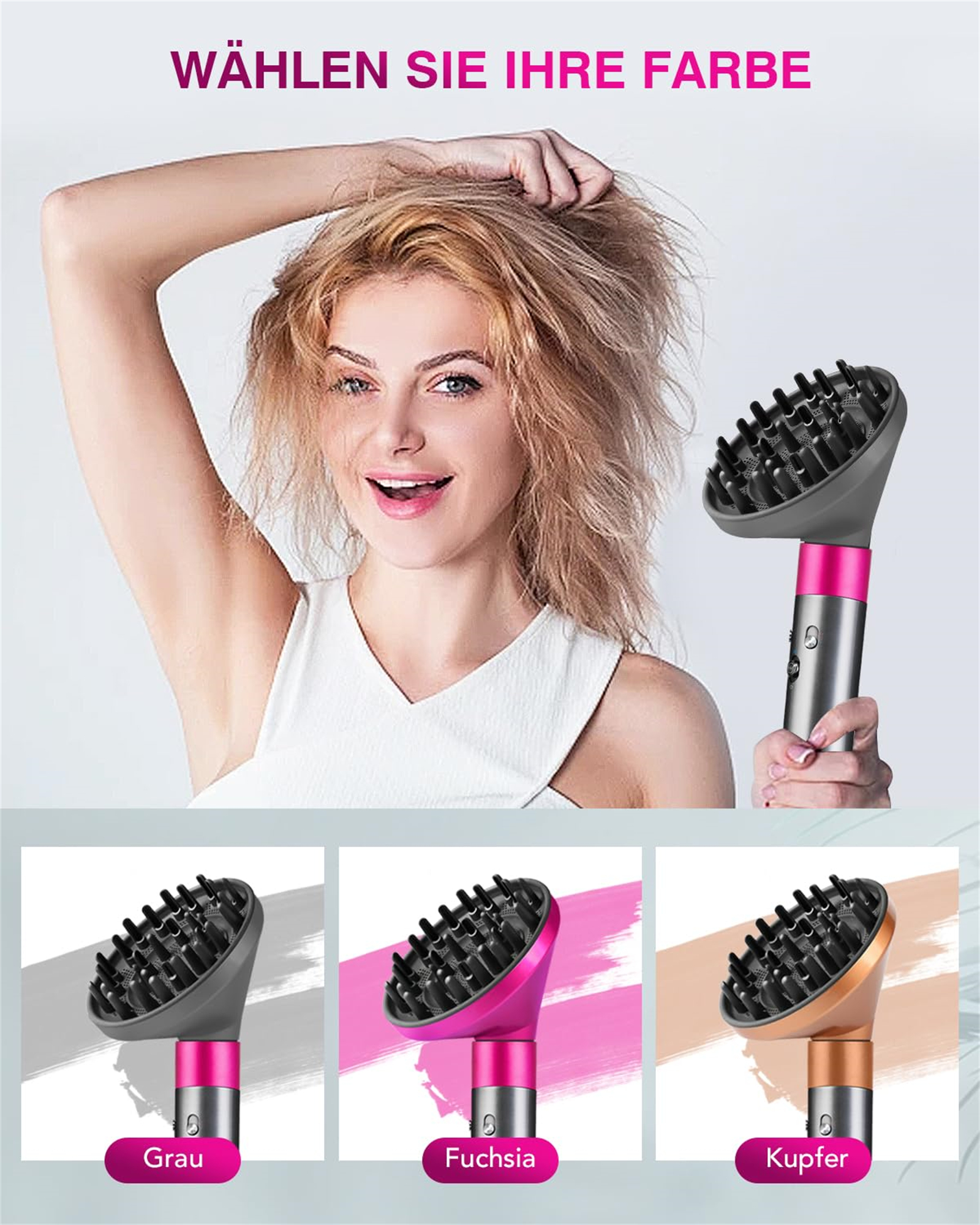Frau mit blonden Haaren, hält einen Haartrockner, und drei Farboptionen: Grau, Fuchsia und Kupfer.