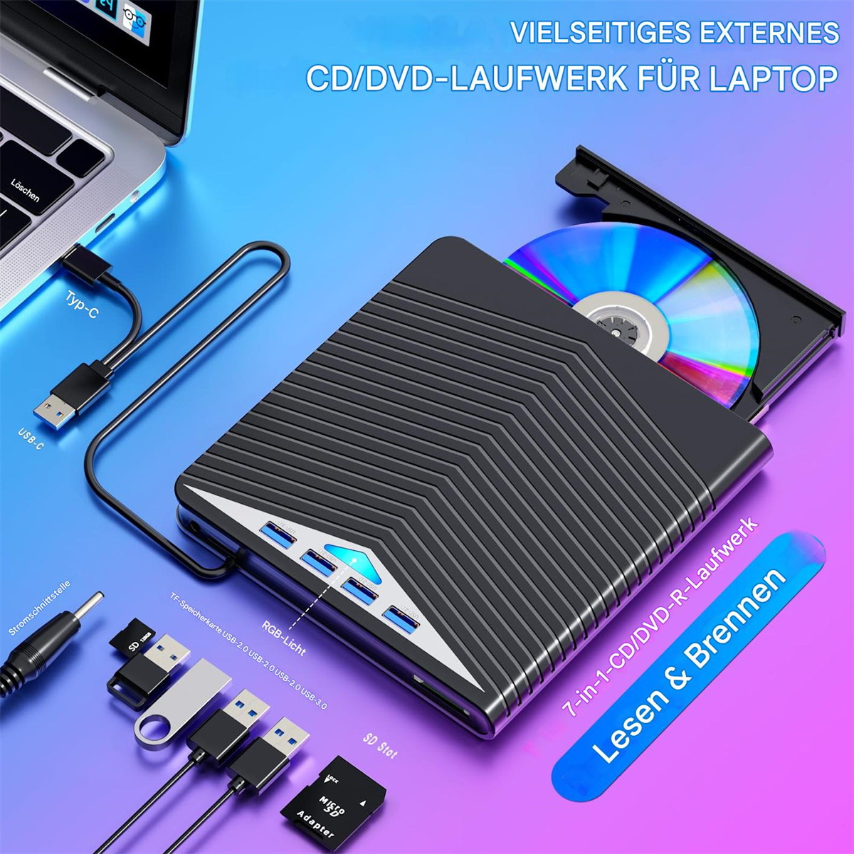 Schwarzes externes CD/DVD-Laufwerk, an Laptop angeschlossen. Kabel, Anschlüsse und CD sichtbar. Text: 'Lesen & Brennen'.