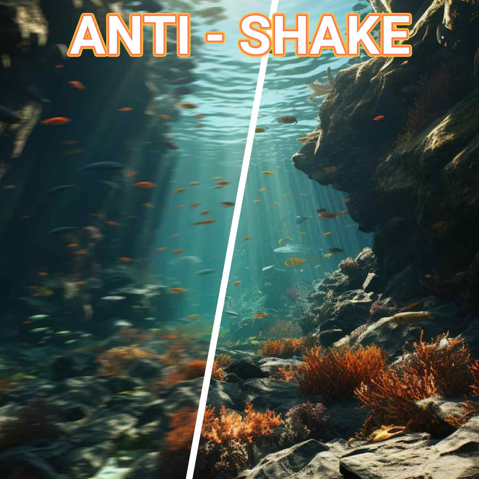 Unterwasserszene. Die linke Seite ist verschwommen; die rechte Seite ist scharf mit Fischen, Korallen und Felsformationen.