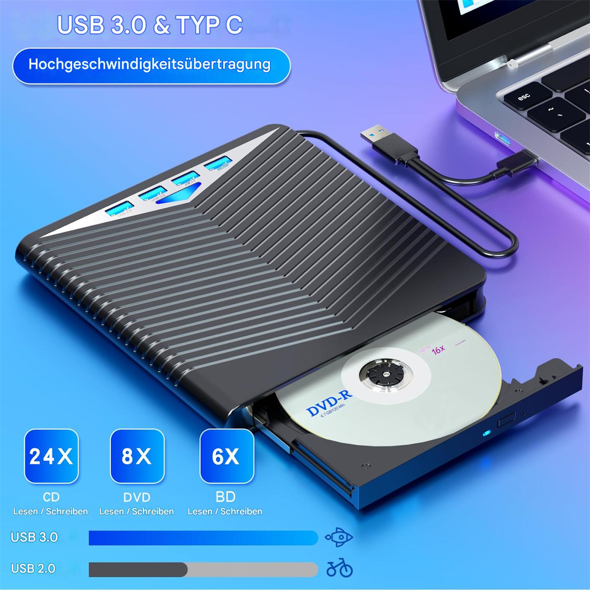 Schwarzes externes DVD-Laufwerk mit geöffnetem Fach und einer Disc, verbunden mit einem Laptop. USB 3.0 und 2.0 Optionen.