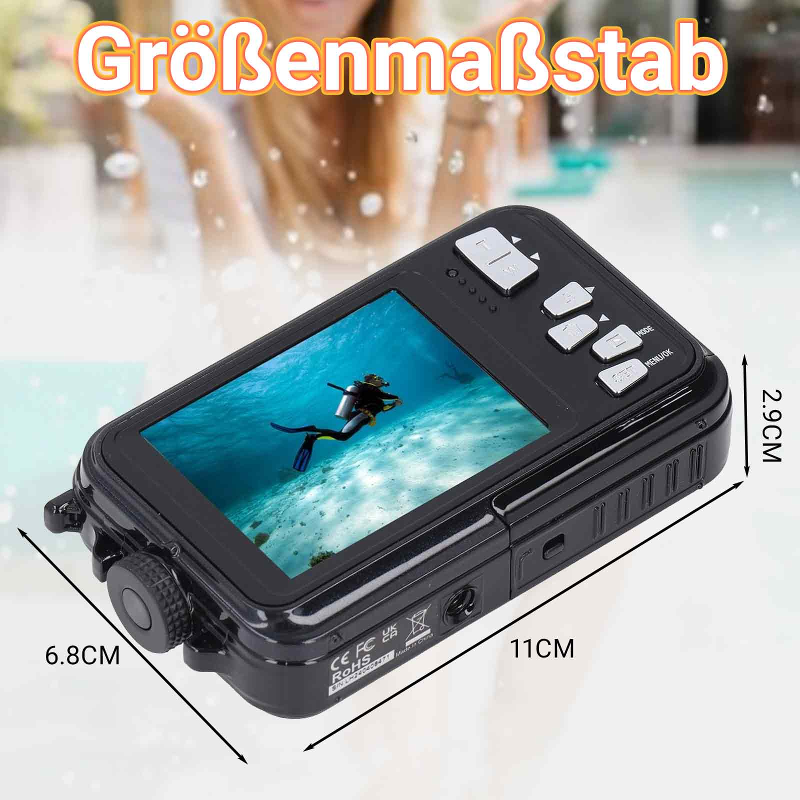Schwarze Unterwasserkamera mit Display, das einen Taucher zeigt. Abmessungen: 11 cm lang, 6,8 cm breit, 2,9 cm dick.