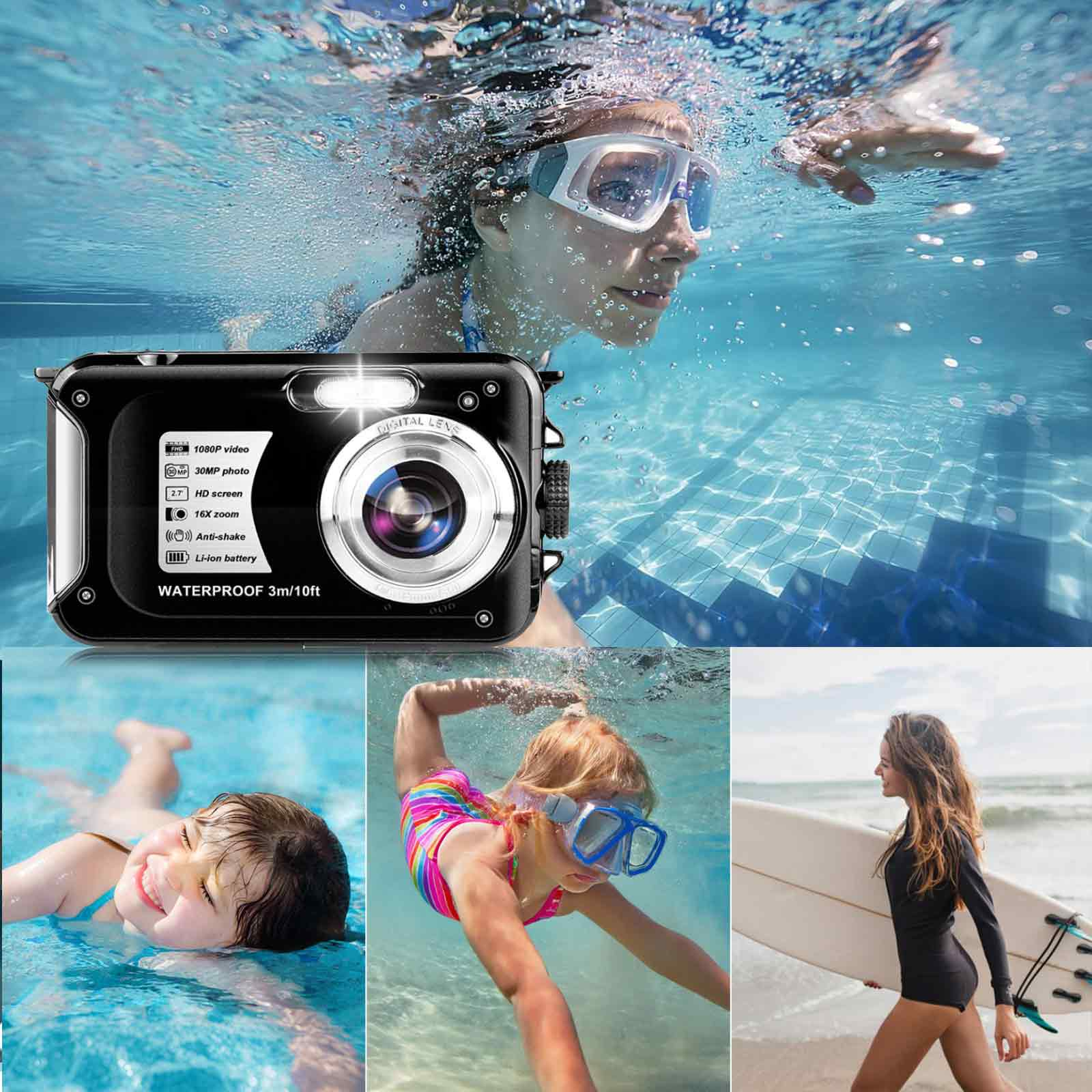 Unterwasserkamera mit schwimmenden Personen. Eine Person im Wasser mit Brille. Eine surfende Frau geht am Strand entlang.