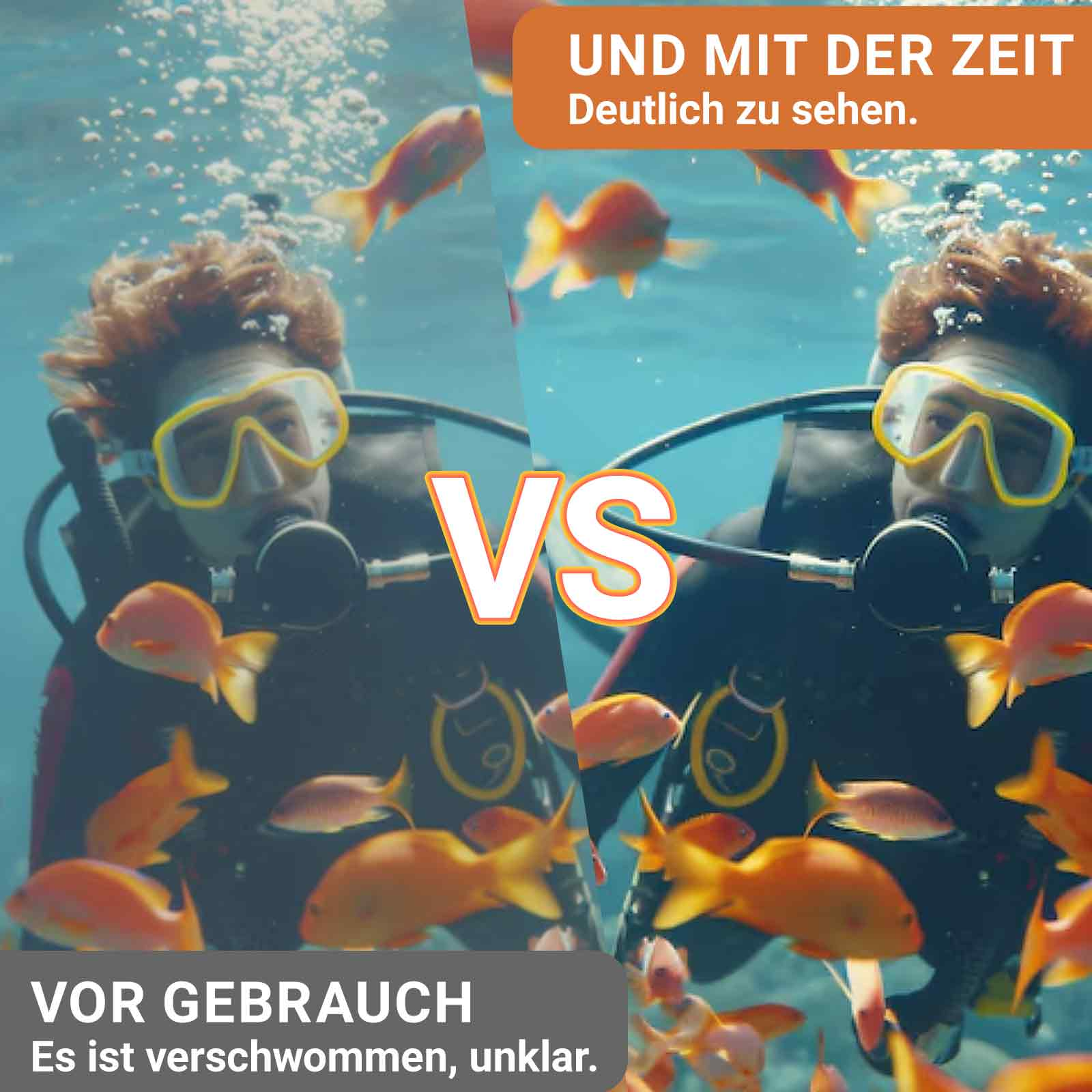 Ein Taucher mit gelber Brille ist zu sehen. Goldfische schwimmen herum. Das Bild zeigt einen 'Vorher-Nachher'-Vergleich unter Wasser.