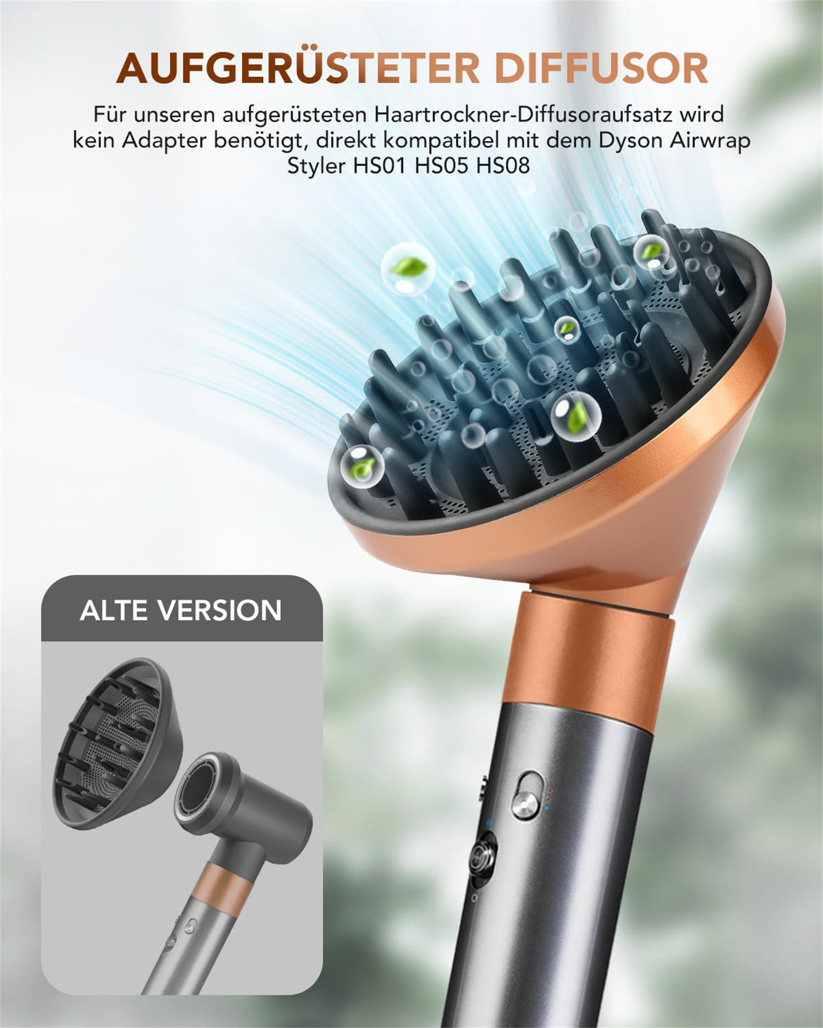 Haartrockner Diffusor. Kupfer- und Schwarz-Design. Zeigt neue und alte Versionen. Text: Aufgerüsteter Diffusor.