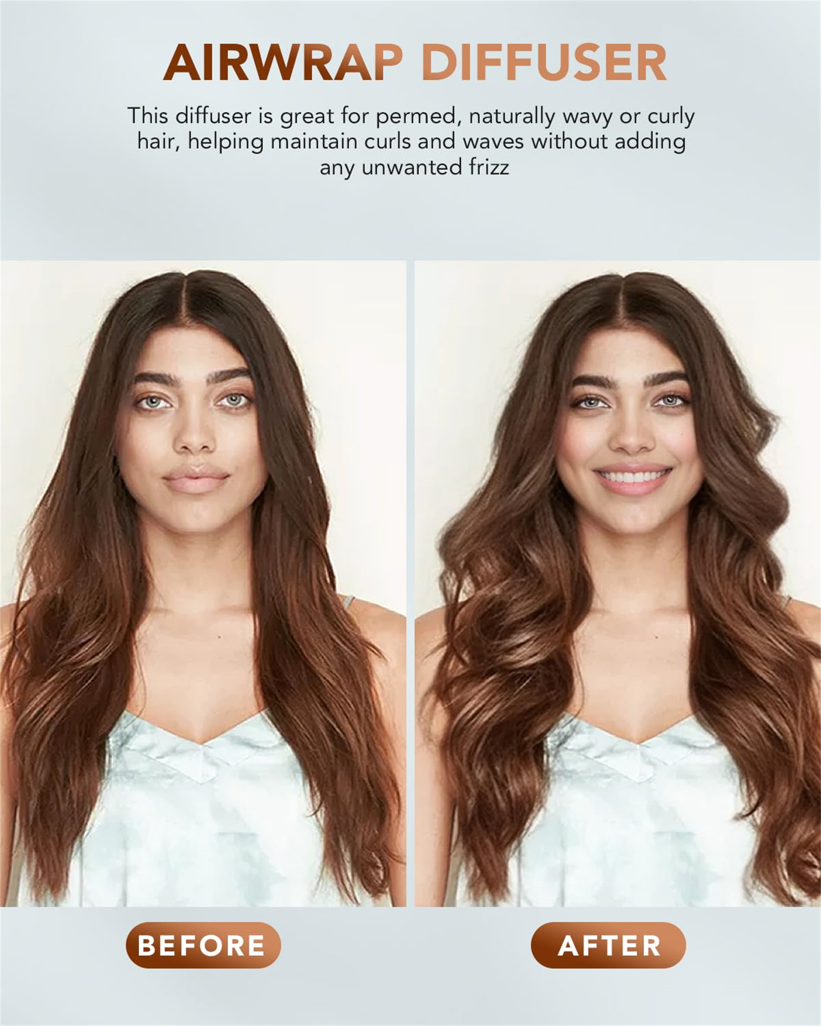 Bild zeigt Frau vor und nach dem Haarstyling. Vorher: glattes Haar. Nachher: welliges Haar. Text sagt 'AIRWRAP DIFFUSER'.