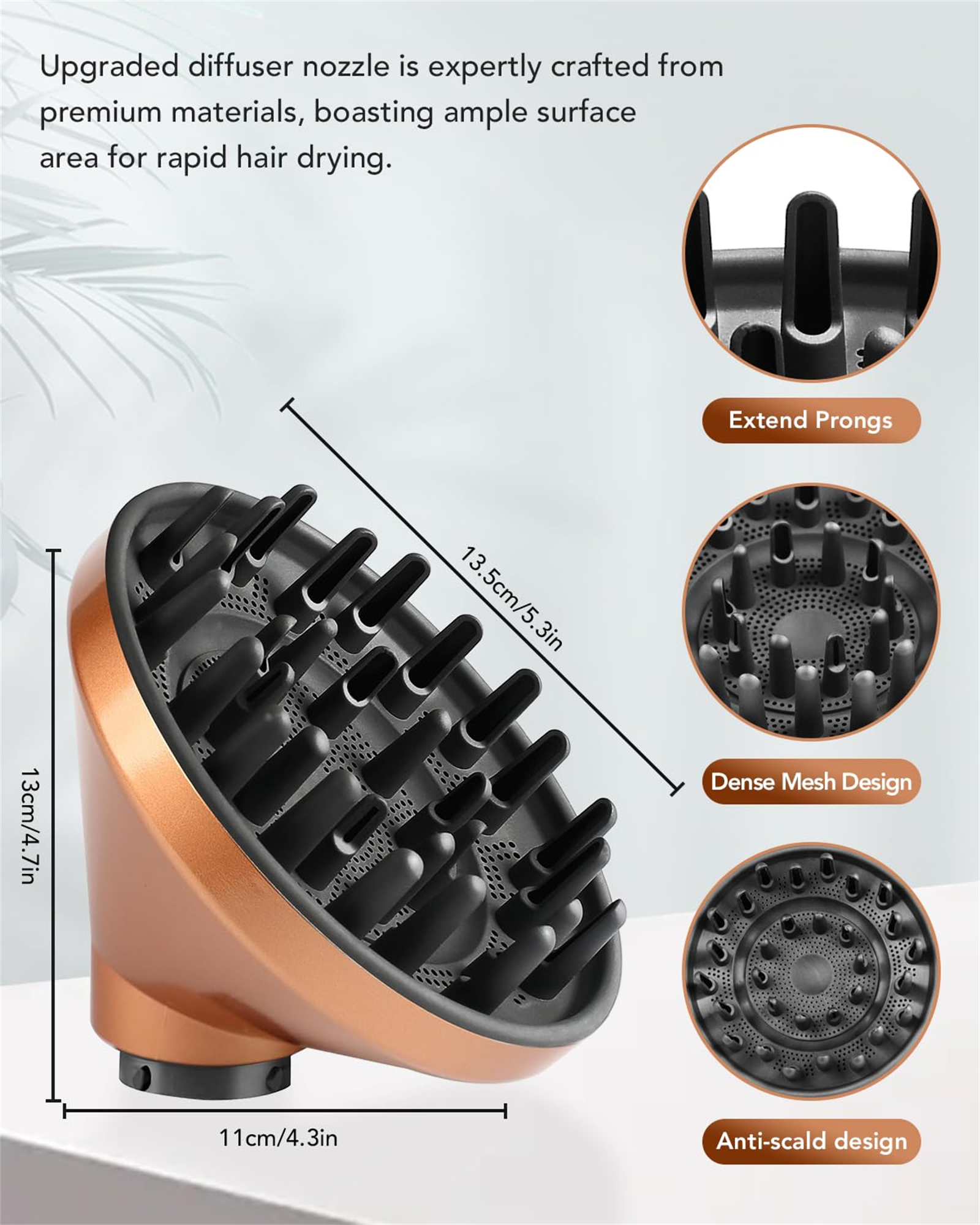 Kupfer-Haardiffusor mit schwarzen Zinken. Etiketten: Prongs verlängern, Dichtes Mesh-Design und Verbrühungsschutz.