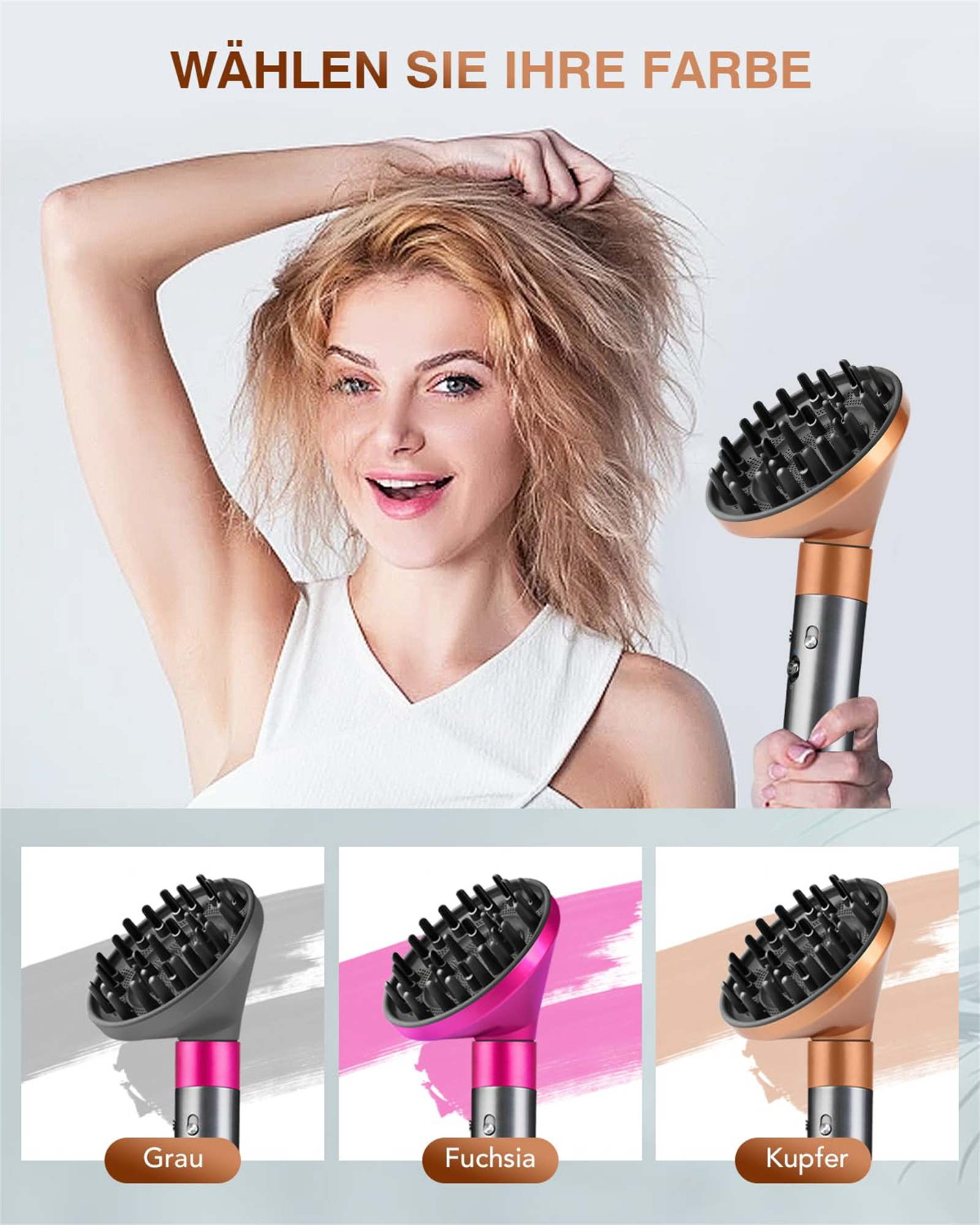 Frau mit Haartrockner. Wählen Sie Ihre Farboptionen: Grau, Fuchsia oder Kupfer. Sie lächelt und hält ihr Haar.