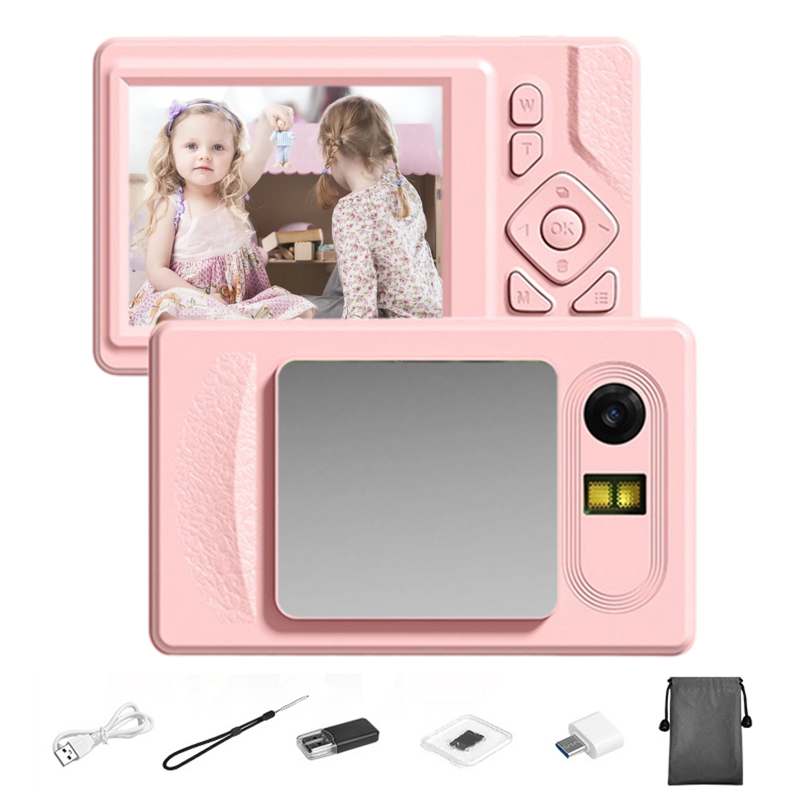 Rosa Kinderkamera, die ein Foto von zwei Mädchen anzeigt. Zubehör: USB-Kabel, Trageband, Adapter und eine Tasche.