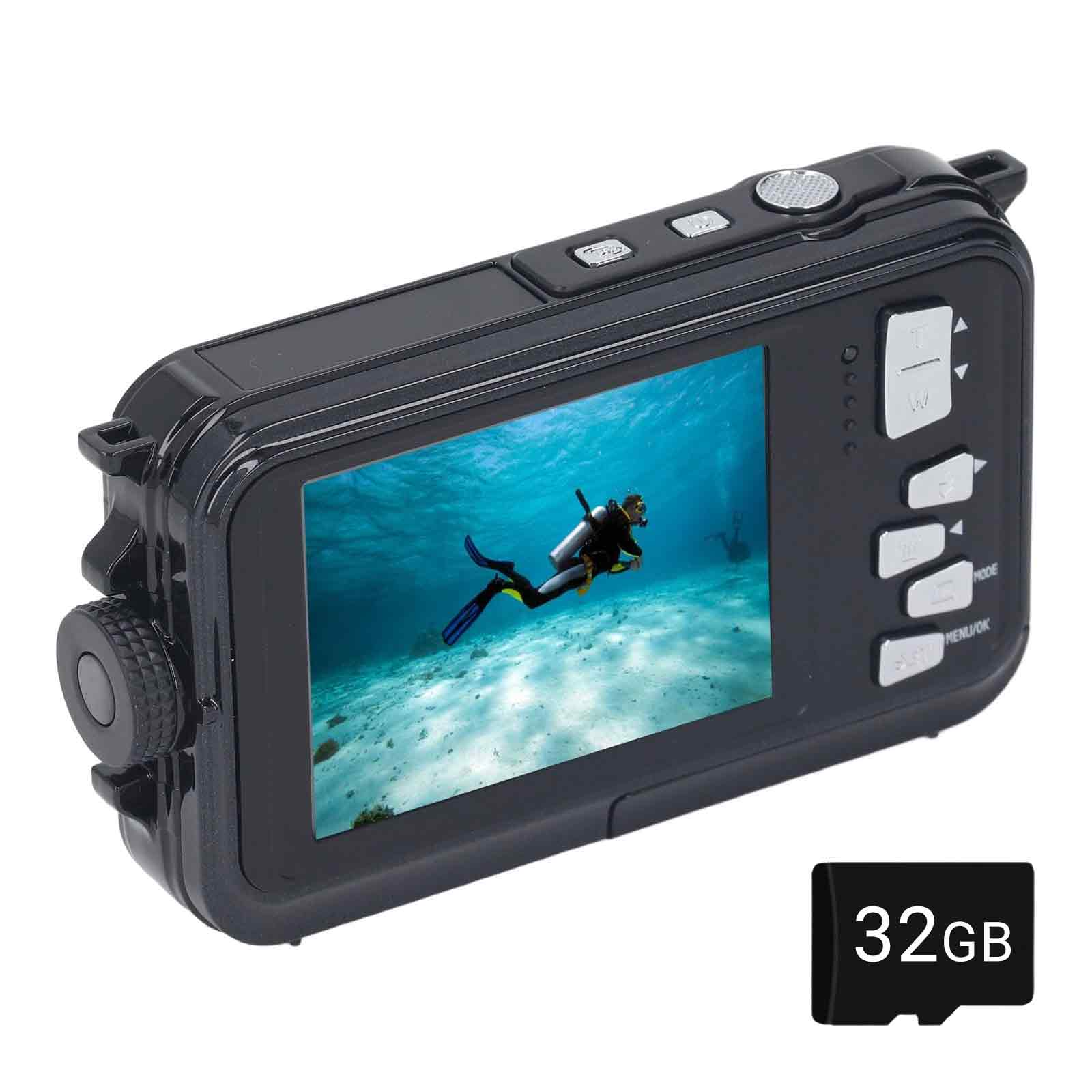 Schwarze wasserdichte Kamera mit Bildschirm, der einen Taucher unter Wasser zeigt. Eine 32GB Speicherkarte ist dabei.