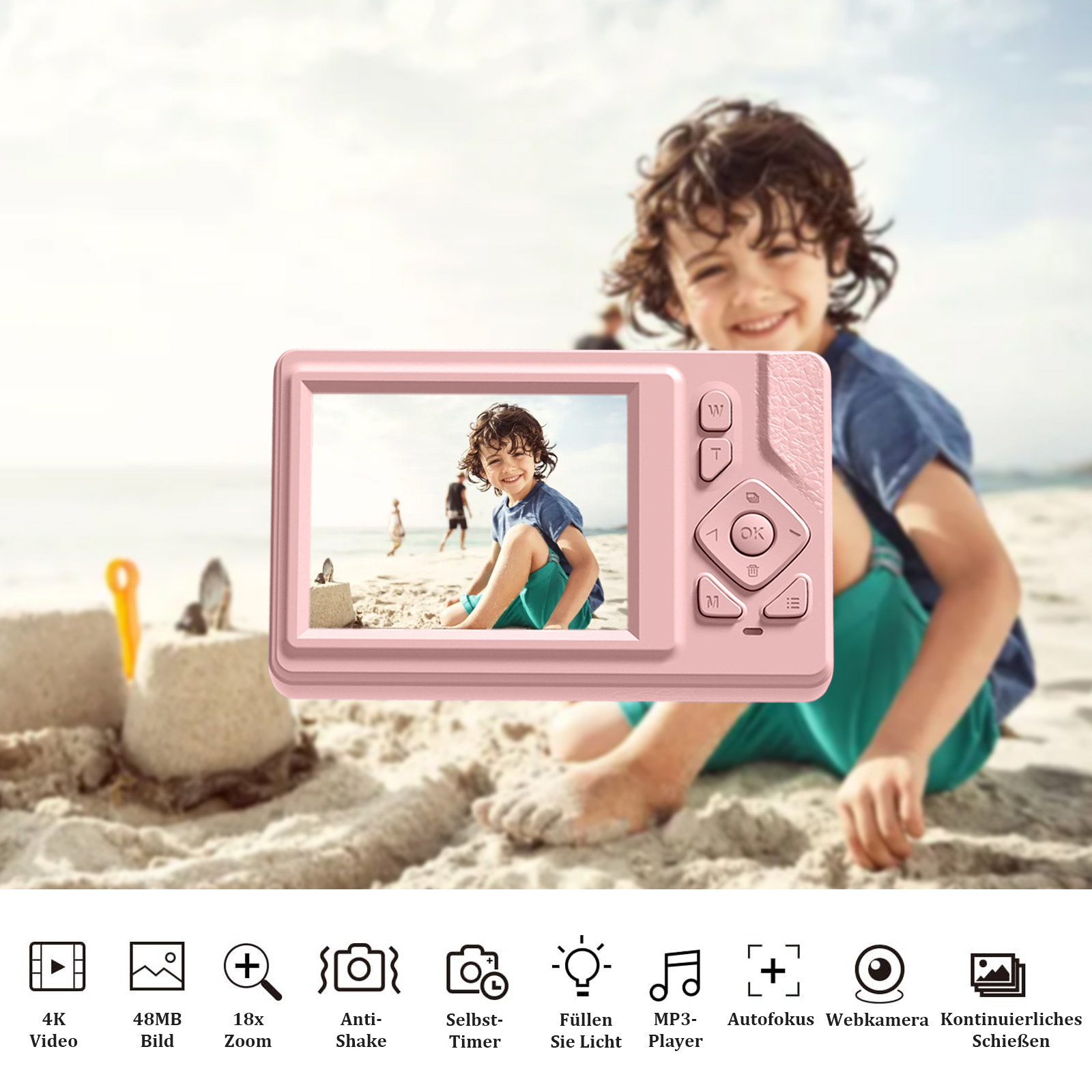 Rosa Kamera zeigt einen Jungen am Strand. Ein lächelndes Kind hält die Kamera. Sandburgen und Symbole sind unten.