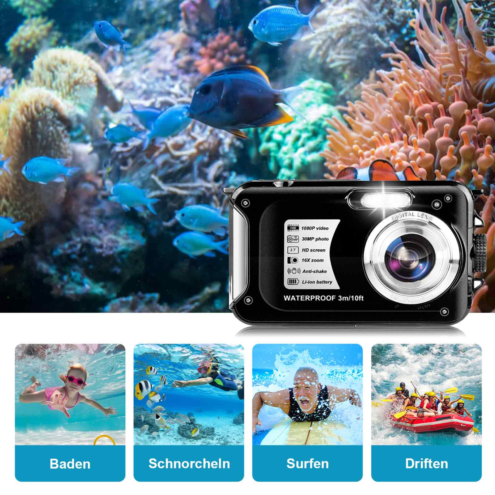 Schwarze, wasserdichte Kamera mit Funktionen, Fische im Hintergrund. Wassersport: Schwimmen, Schnorcheln, Surfen, Rafting sind gezeigt.