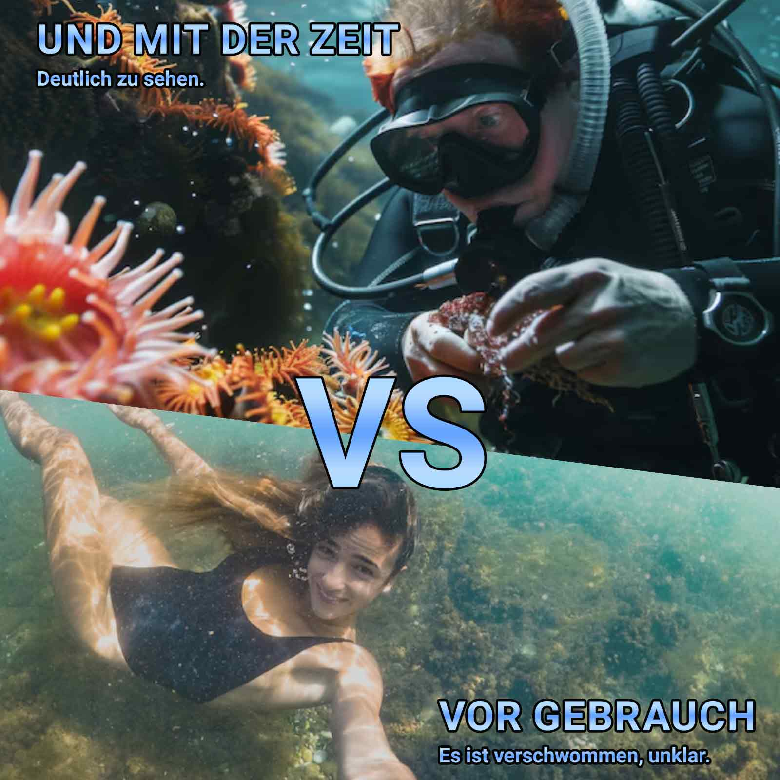 Taucher mit Korallen vs Schwimmer unter Wasser. Das Bild ist geteilt, mit Text 'vor der Verwendung'.