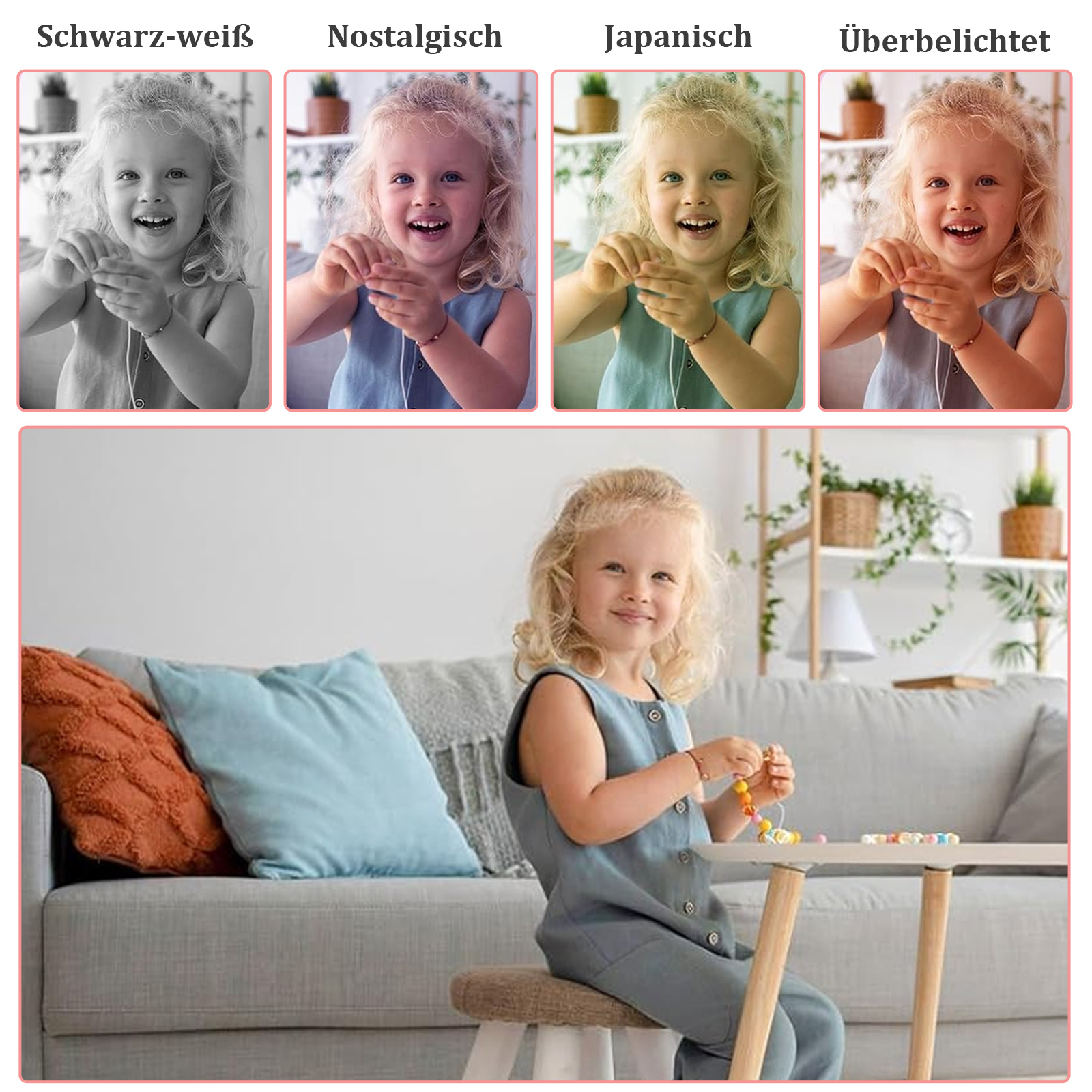 Ein junges Mädchen lächelt und fädelt Perlen auf einem Tisch auf. Im Hintergrund eine Couch mit Kissen. Vier Variationen des Bildes sind oben.