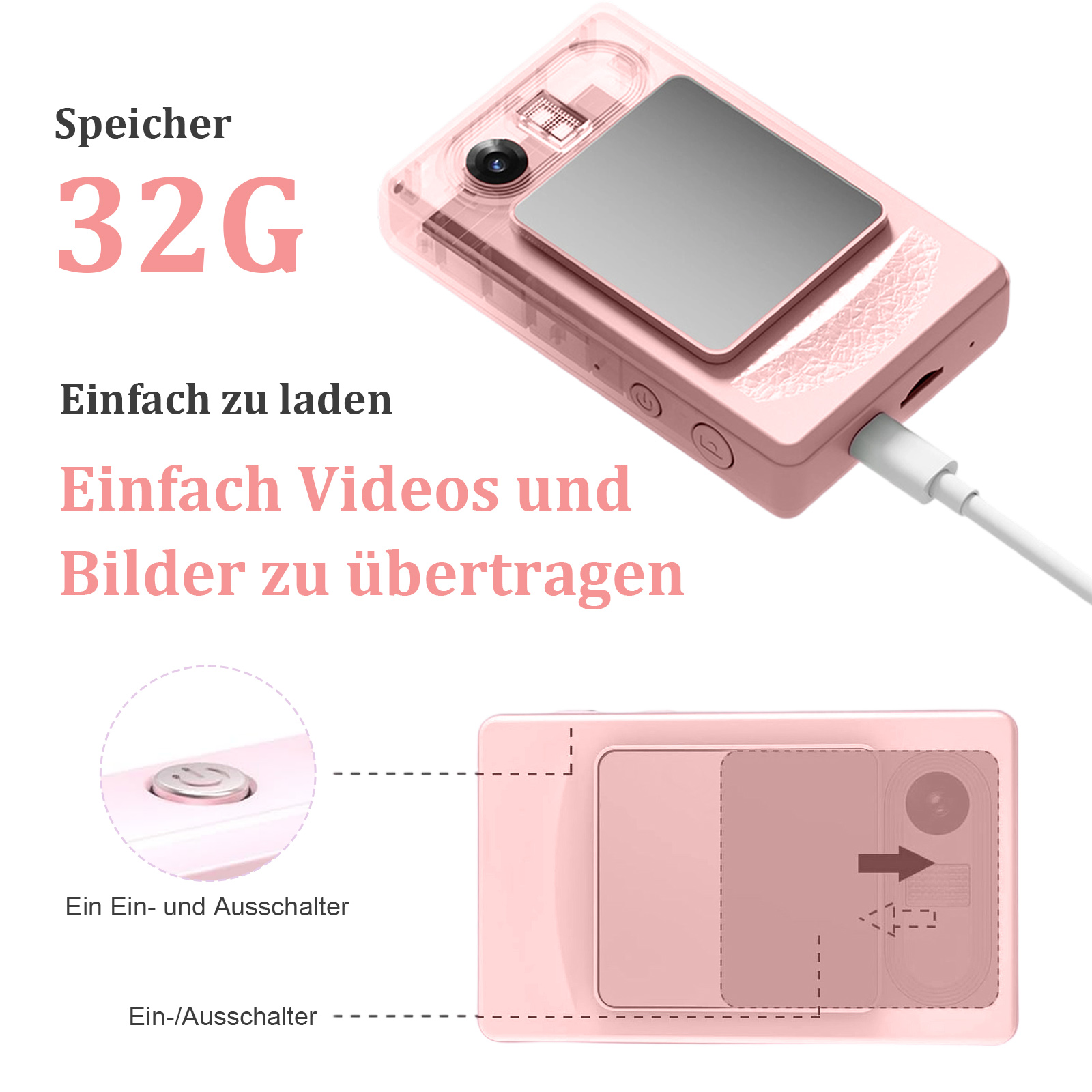 Rosa Minikamera mit Ladekabel. Text: 32G, Einfach zu laden, Einfach Videos und Bilder zu übertragen.