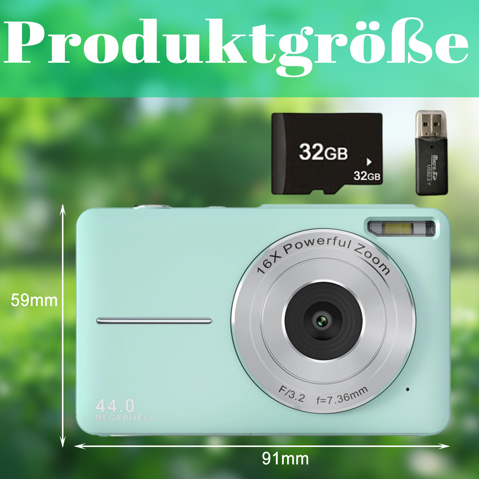 Mintfarbene Kamera mit 32GB SD-Karte und USB-Adapter. Abmessungen 91x59mm. 16x Zoom und 44,0 Megapixel.