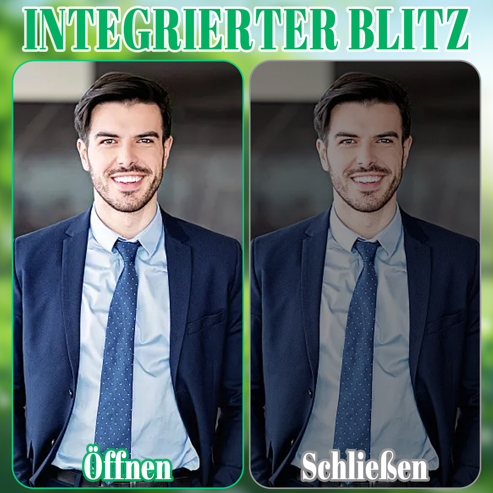 Bild zeigt einen Mann im Anzug, zwei nebeneinanderliegende Portraits. Eines ist mit 'Öffnen' beschriftet, das andere mit 'Schließen'.